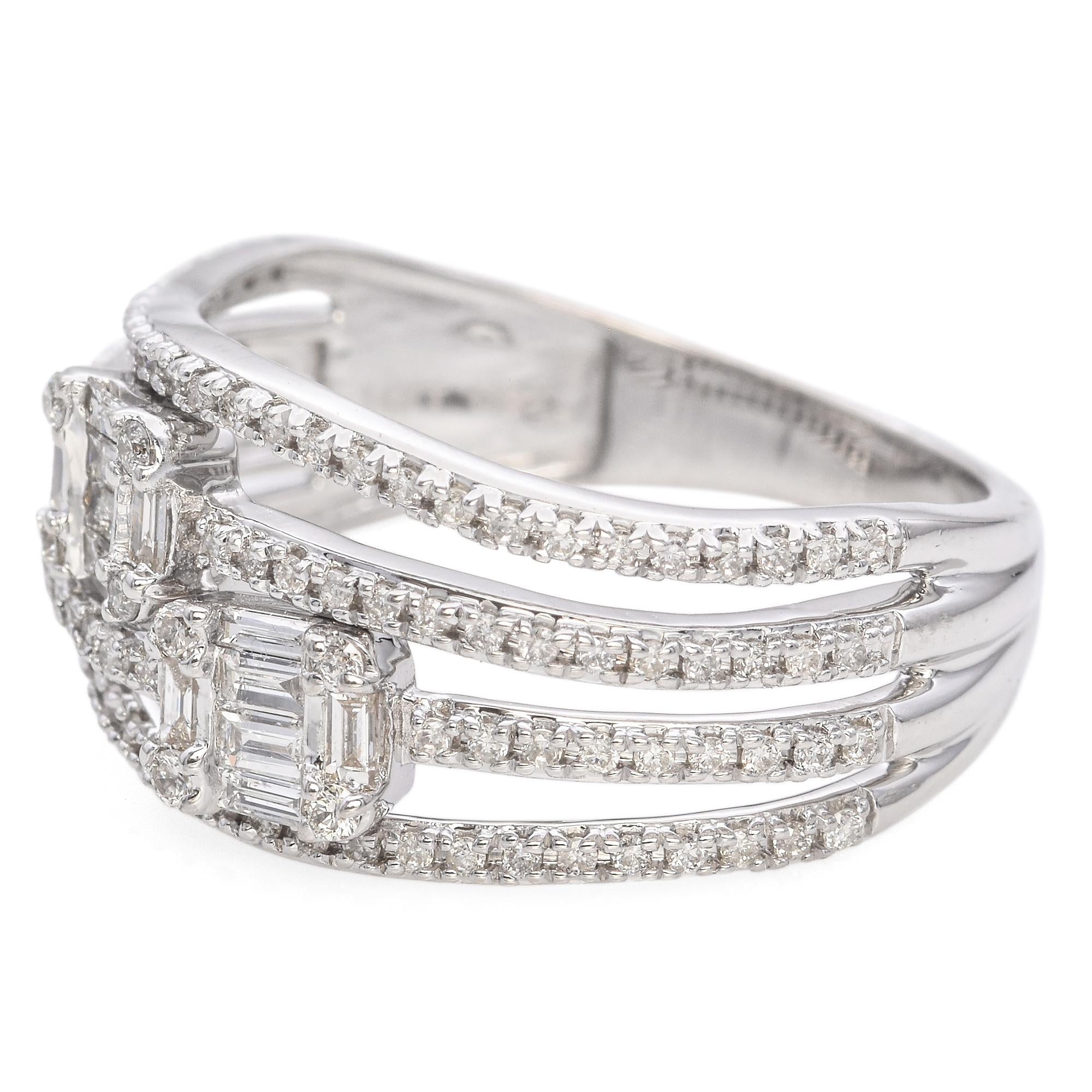 14K White Gold Split Shank Four-Row Baguette and Round 0.48 TCW Diamond Ring