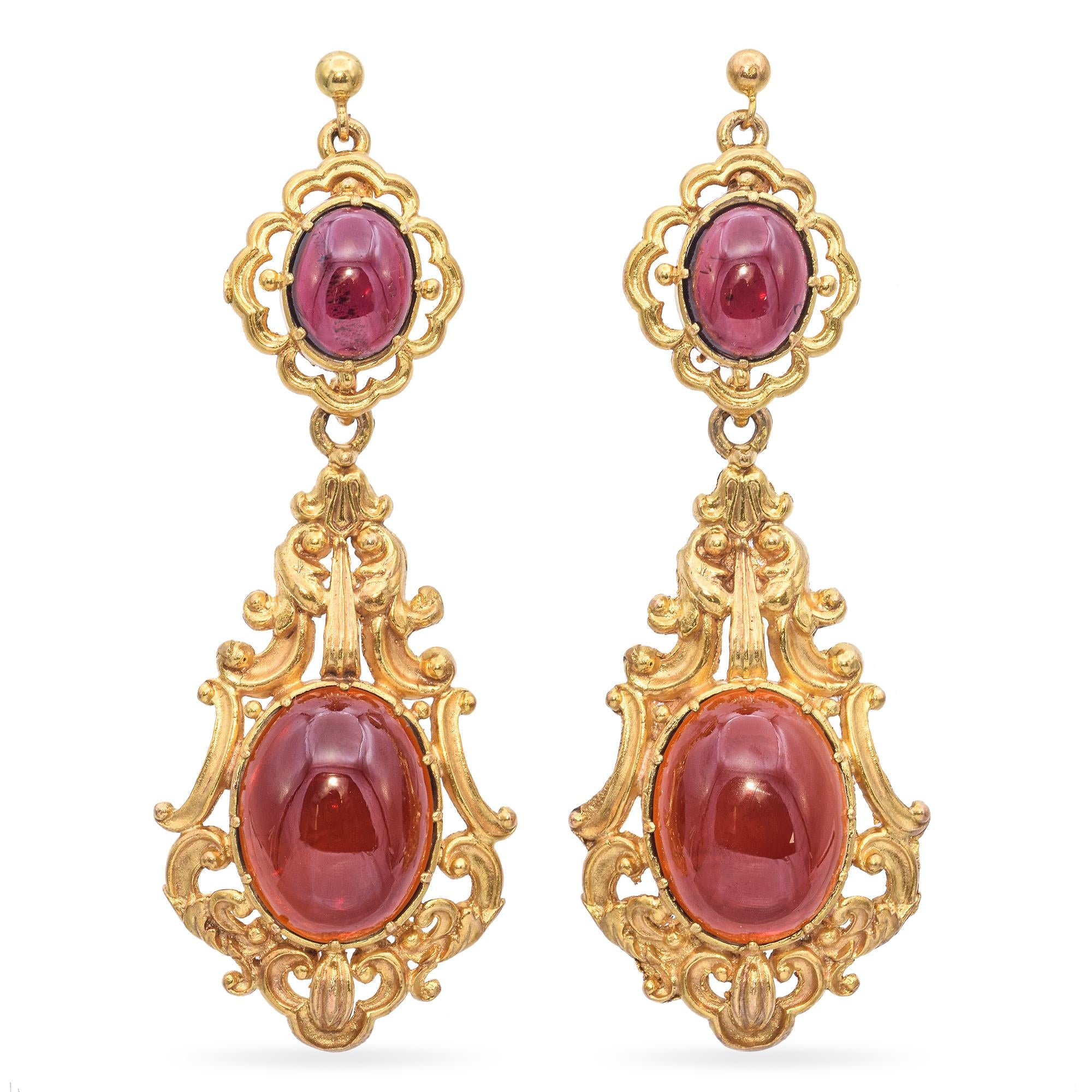 Vintage Yellow Gold Garnet Cabochon Drop Earrings