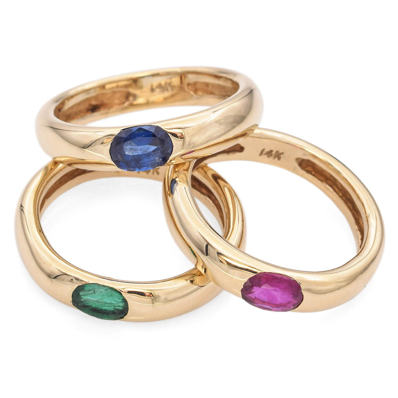 14K Yellow Gold East West Emerald, Ruby, Sapphire Stackable Rings