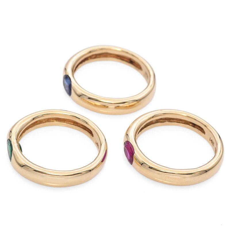 14K Yellow Gold East West Emerald, Ruby, Sapphire Stackable Rings