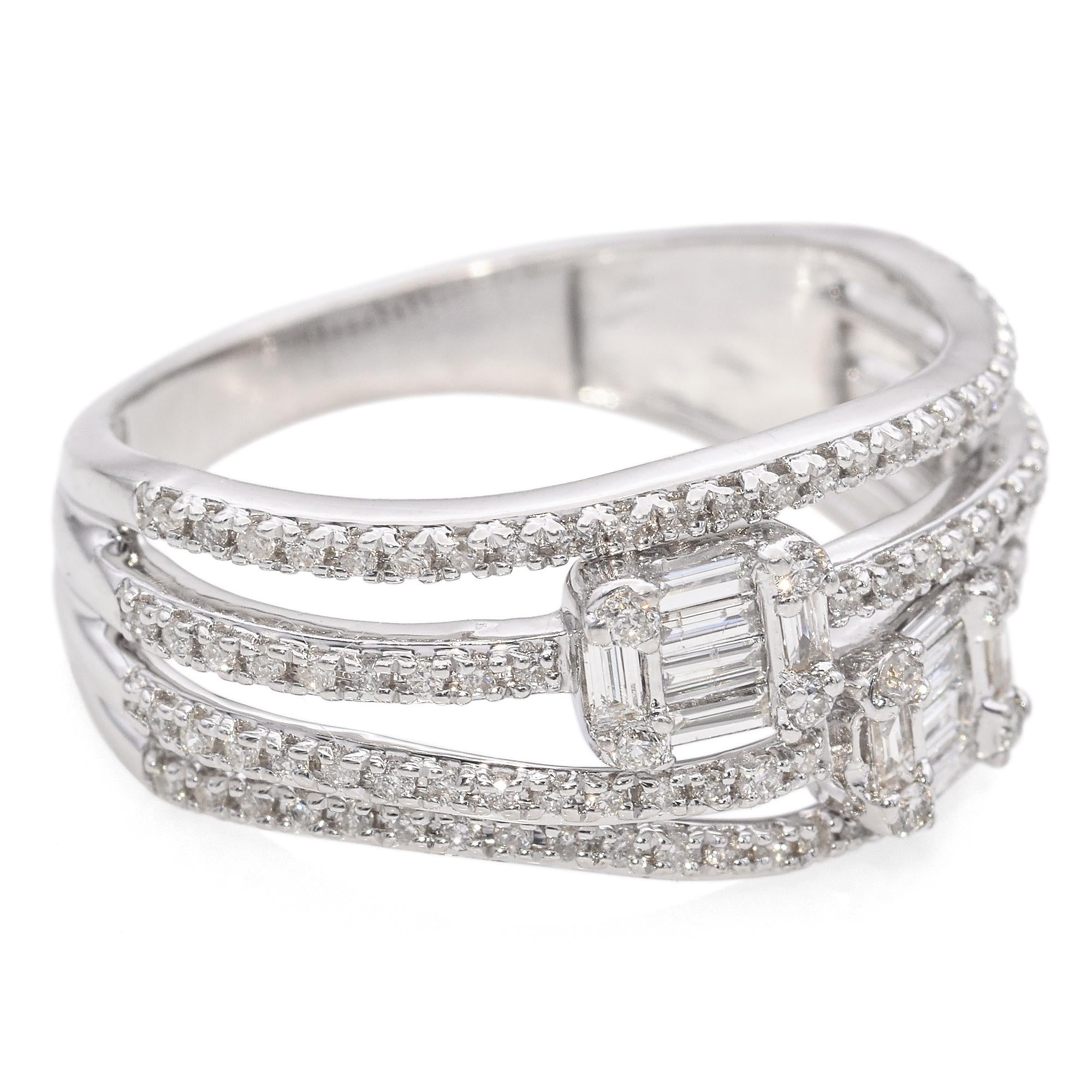 14K White Gold Split Shank Four-Row Baguette and Round 0.48 TCW Diamond Ring