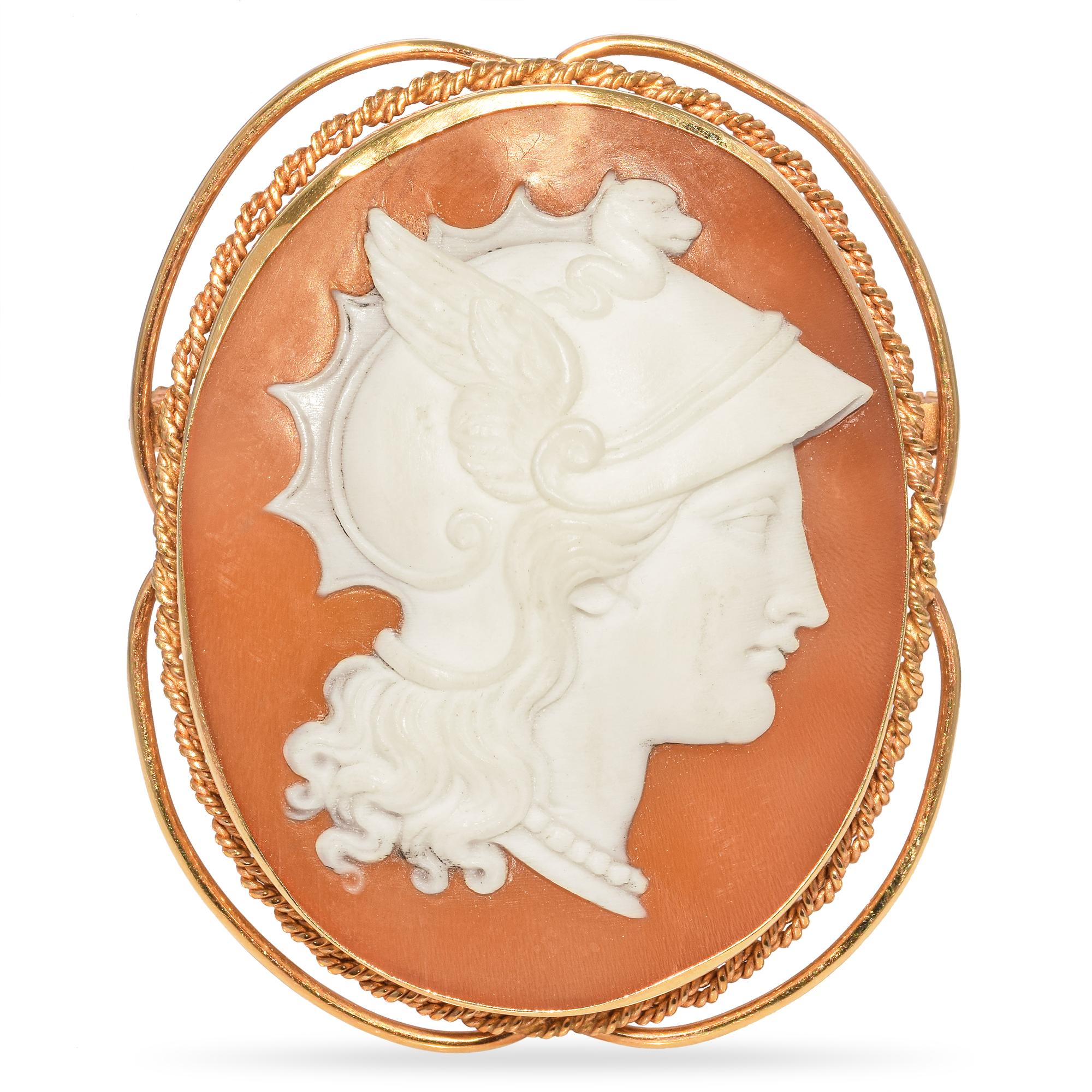 Antique 13k Yellow Gold Cameo Shell Athena Goddess of War Brooch Pin