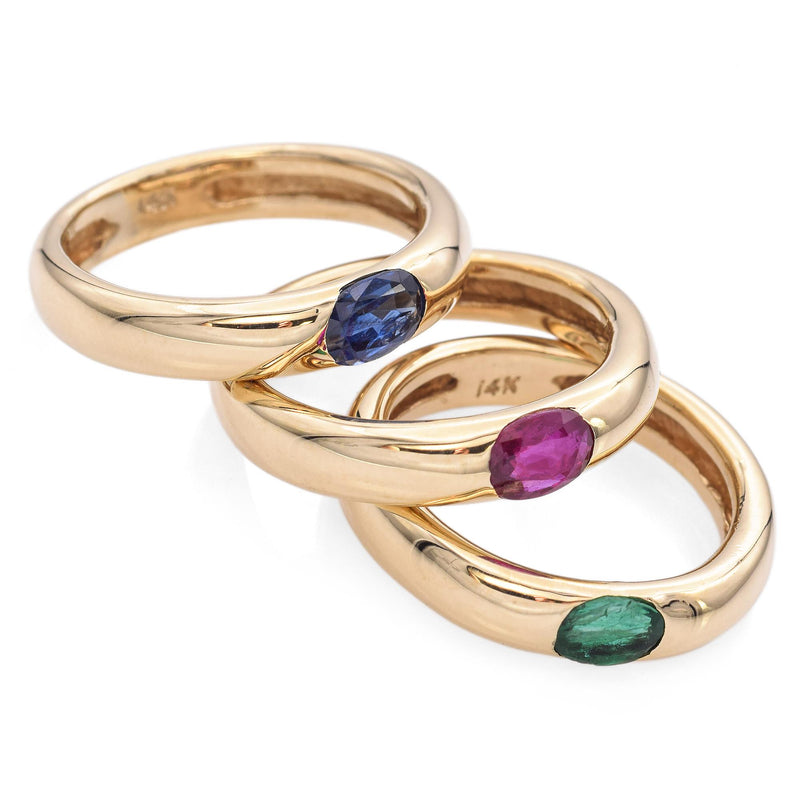 14K Yellow Gold East West Emerald, Ruby, Sapphire Stackable Rings