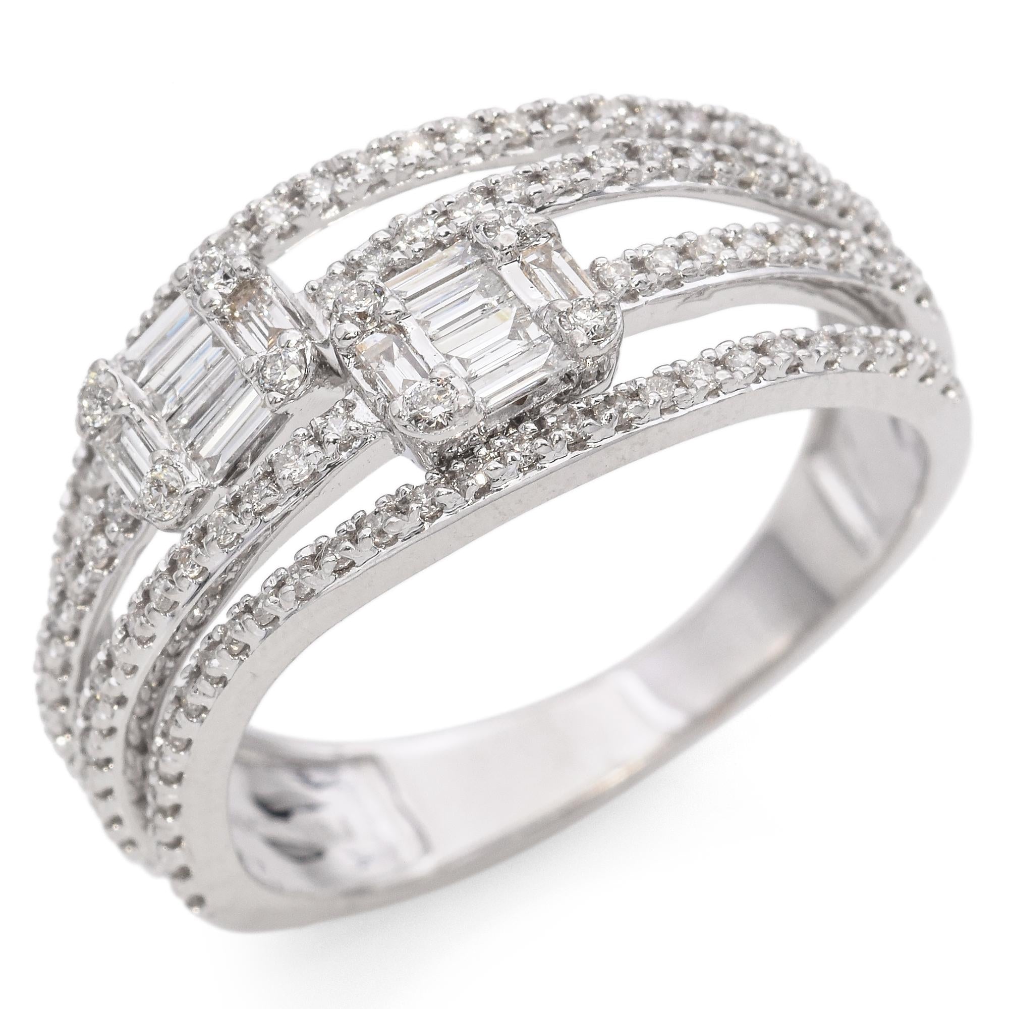 14K White Gold Split Shank Four-Row Baguette and Round 0.48 TCW Diamond Ring