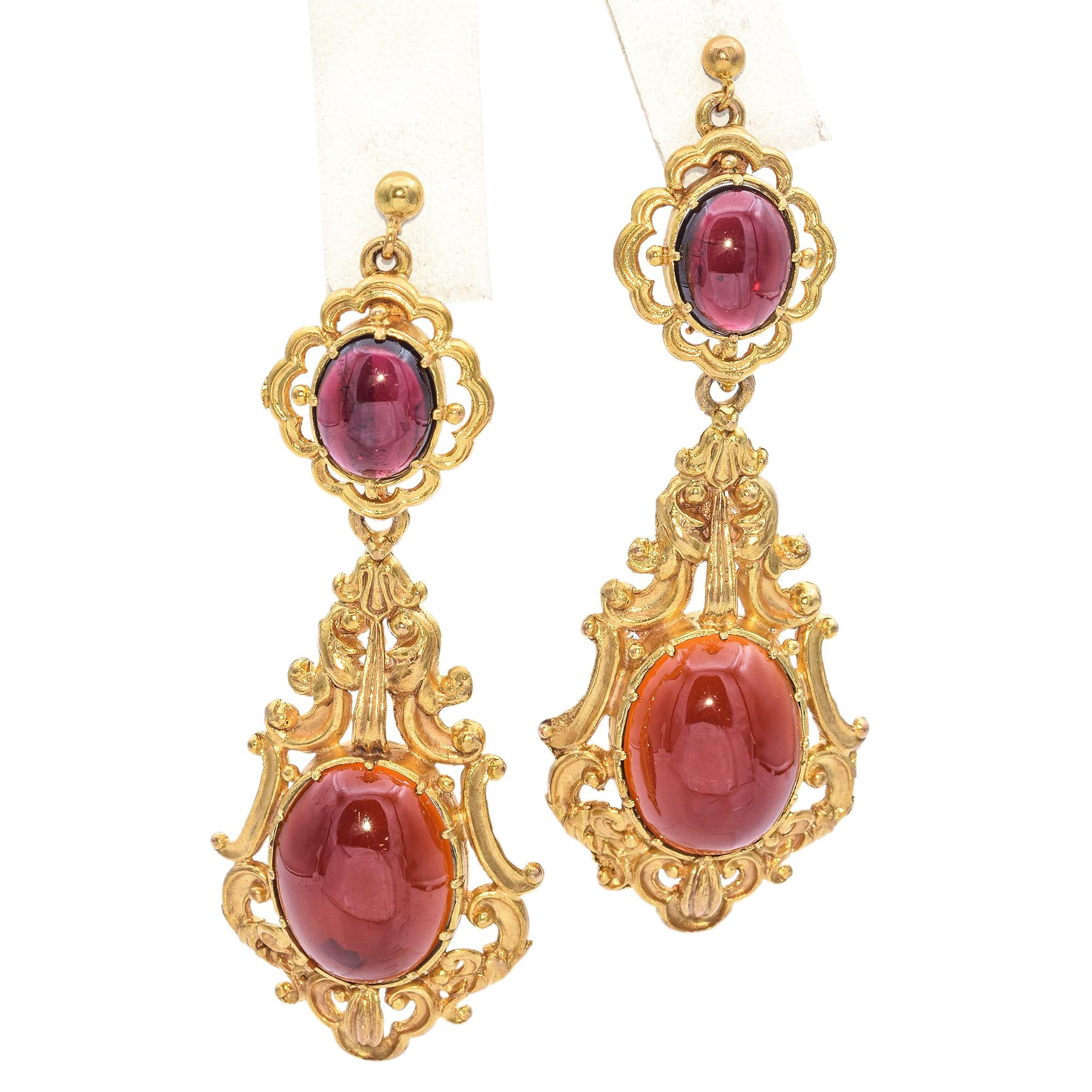 Vintage Yellow Gold Garnet Cabochon Drop Earrings