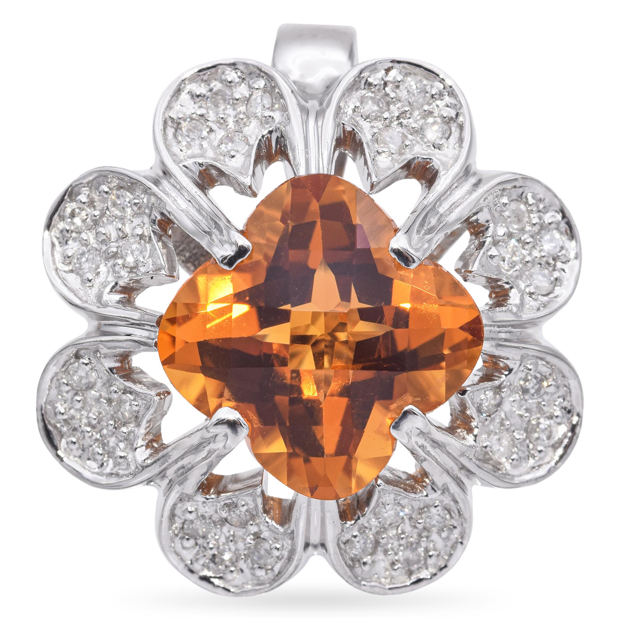 14k White Gold Citrine and Diamond Flower Pendant