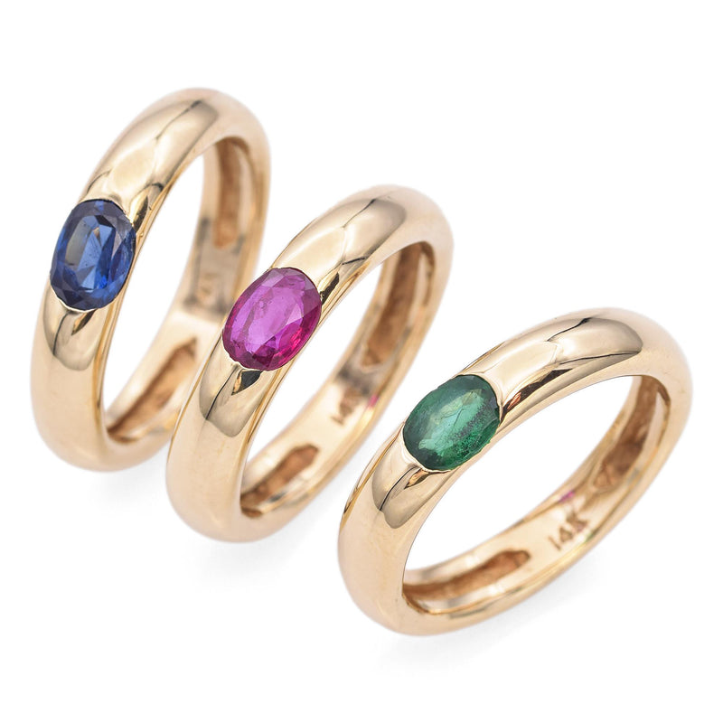 14K Yellow Gold East West Emerald, Ruby, Sapphire Stackable Rings