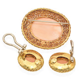 Antique 18k Yellow Gold Angel Skin Coral Earrings and Brooch Set