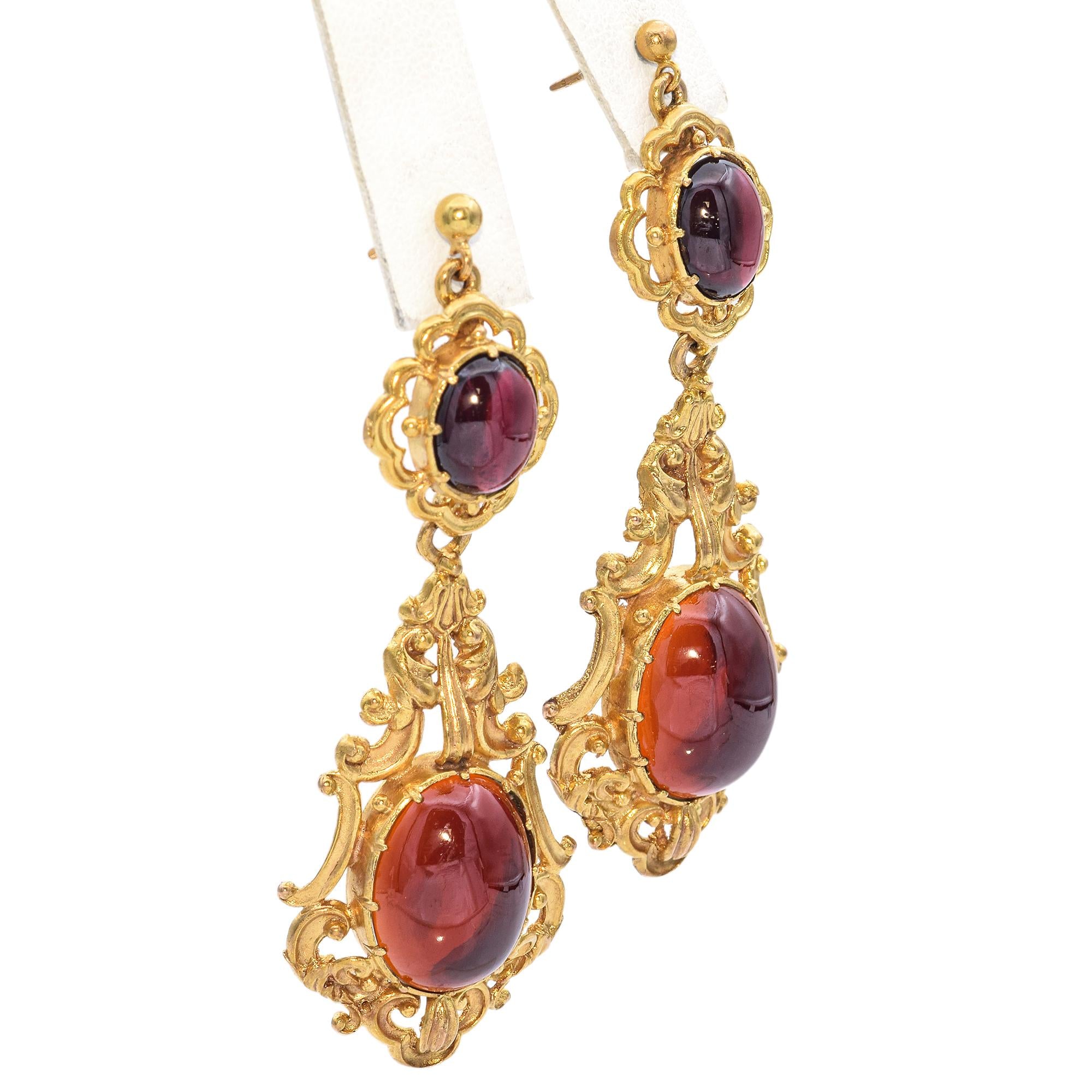 Vintage Yellow Gold Garnet Cabochon Drop Earrings