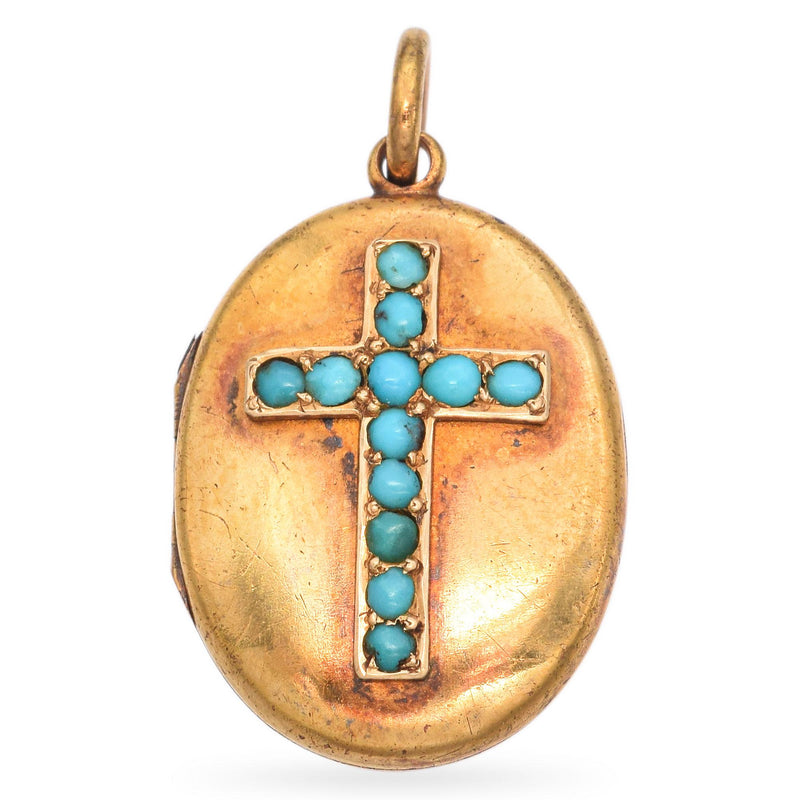 Antique 20k Yellow Gold Victorian Turquoise Cross Locket Pendant