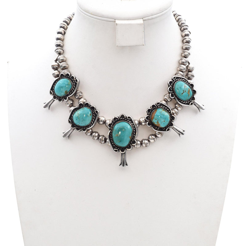 Vintage Navajo Sterling Silver Turquoise Squash Blossom Necklace