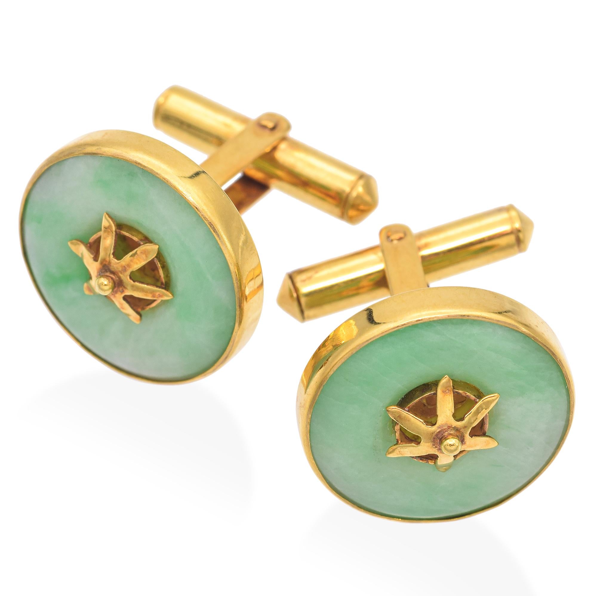 Vintage 14K Yellow Gold Green Jade Disc Round Cufflinks