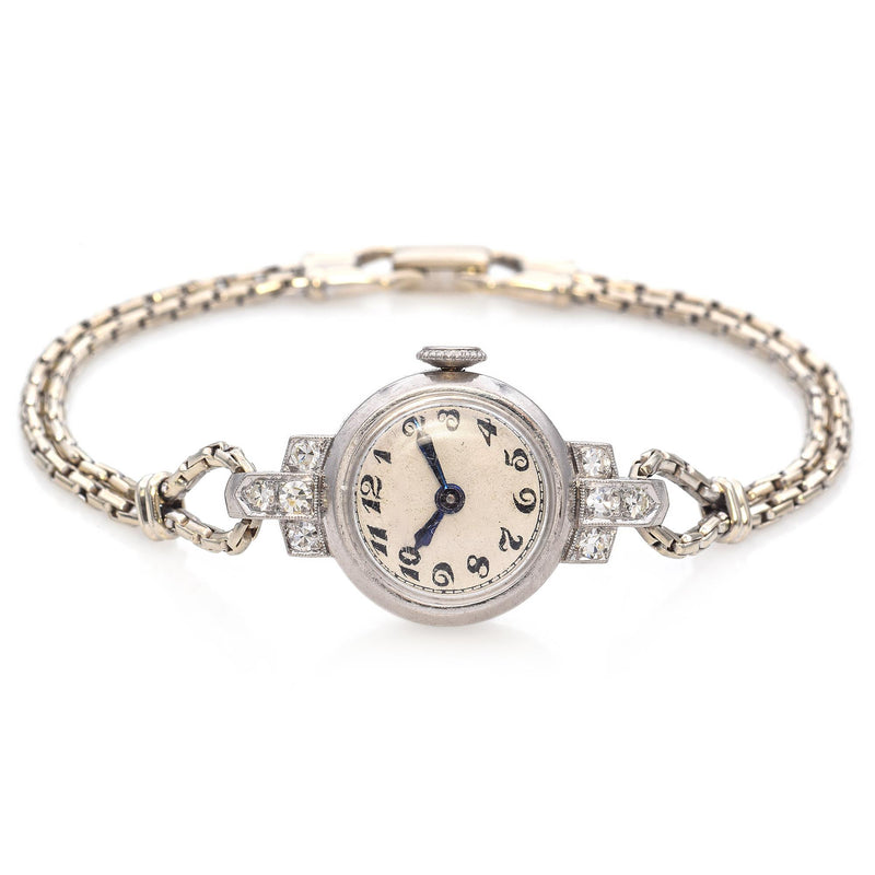 Art Deco J. Schulz Platinum Diamond Swiss Watch With 14K White Gold Bracelet