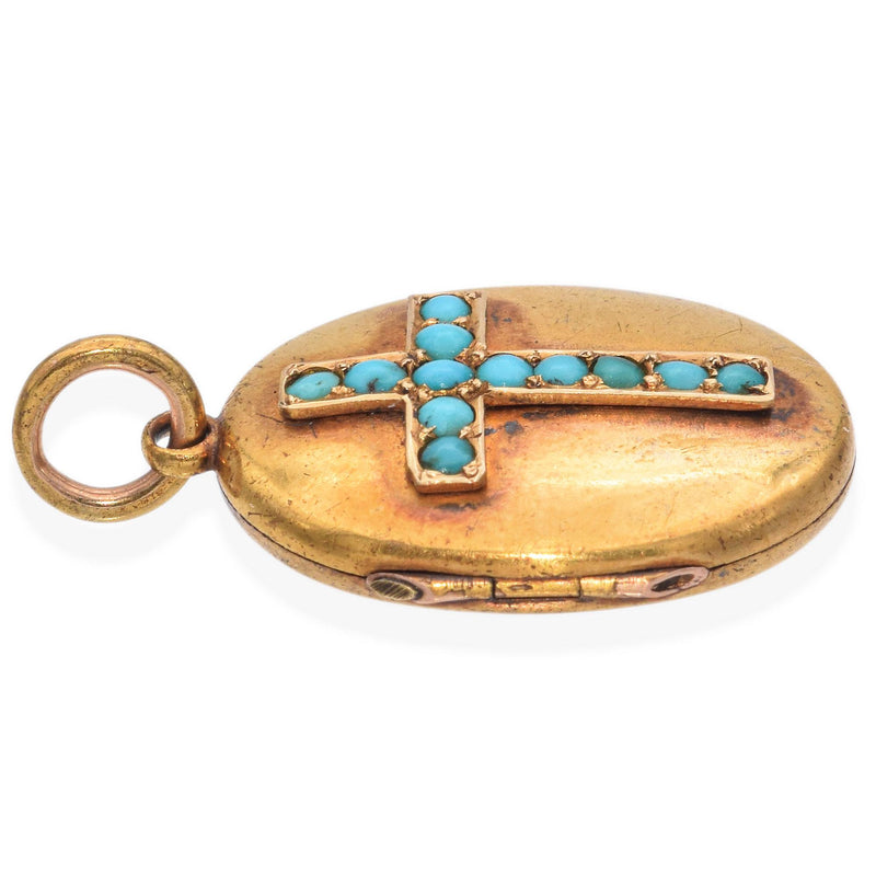 Antique 20k Yellow Gold Victorian Turquoise Cross Locket Pendant