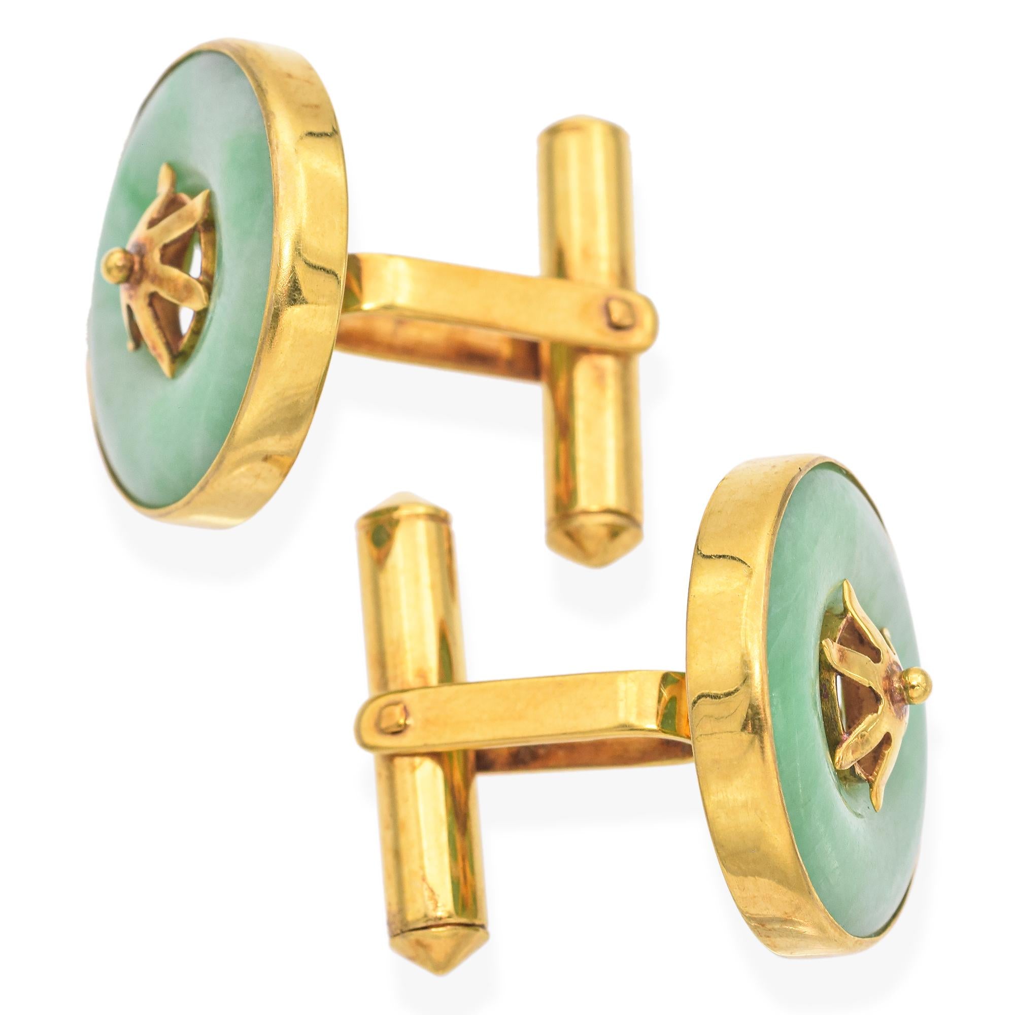 Vintage 14K Yellow Gold Green Jade Disc Round Cufflinks