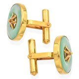 Vintage 14K Yellow Gold Green Jade Disc Round Cufflinks