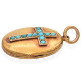 Antique 20k Yellow Gold Victorian Turquoise Cross Locket Pendant