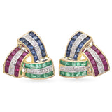 14K Yellow Gold Retro Emerald, Sapphire, Ruby and Diamonds Statement Earrings