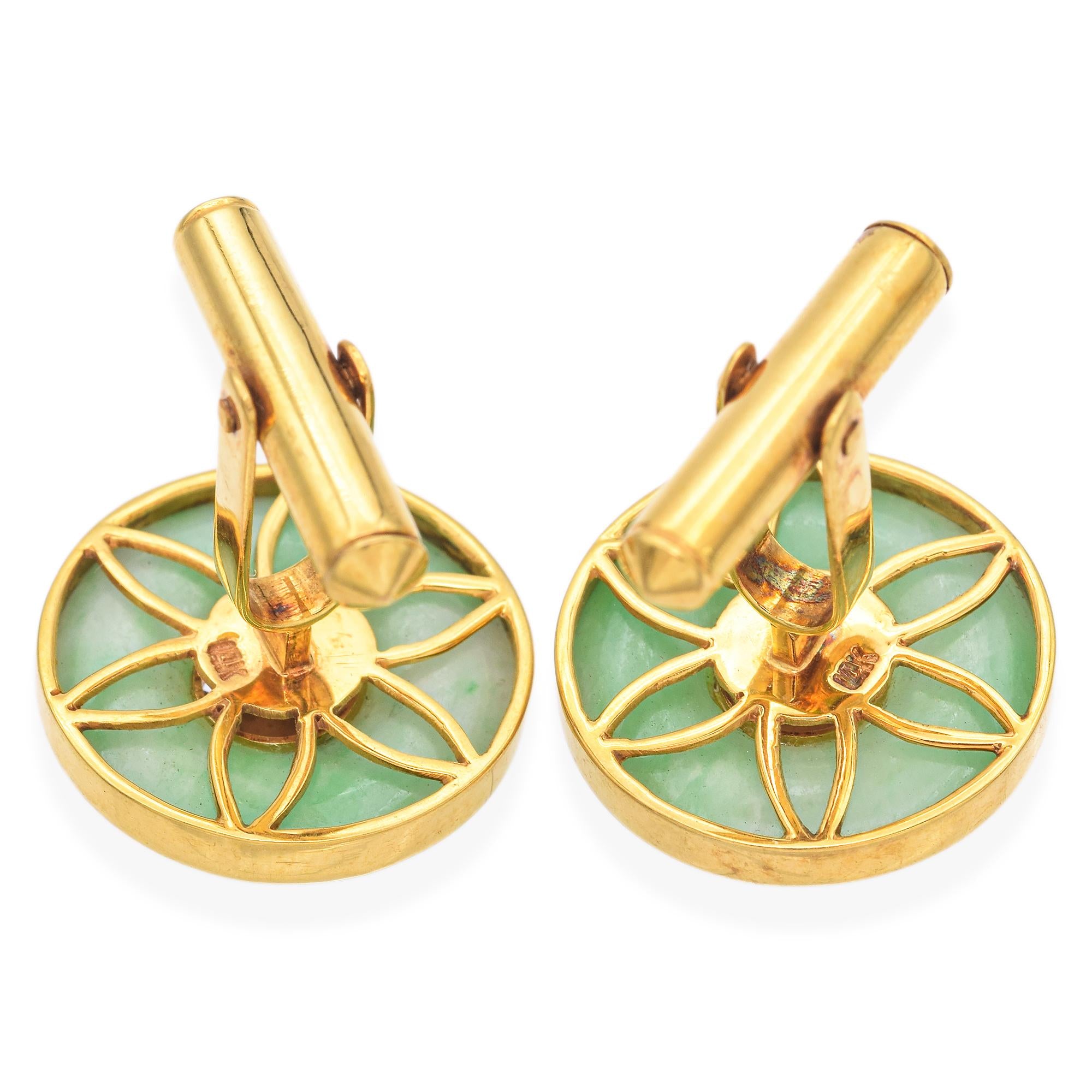 Vintage 14K Yellow Gold Green Jade Disc Round Cufflinks