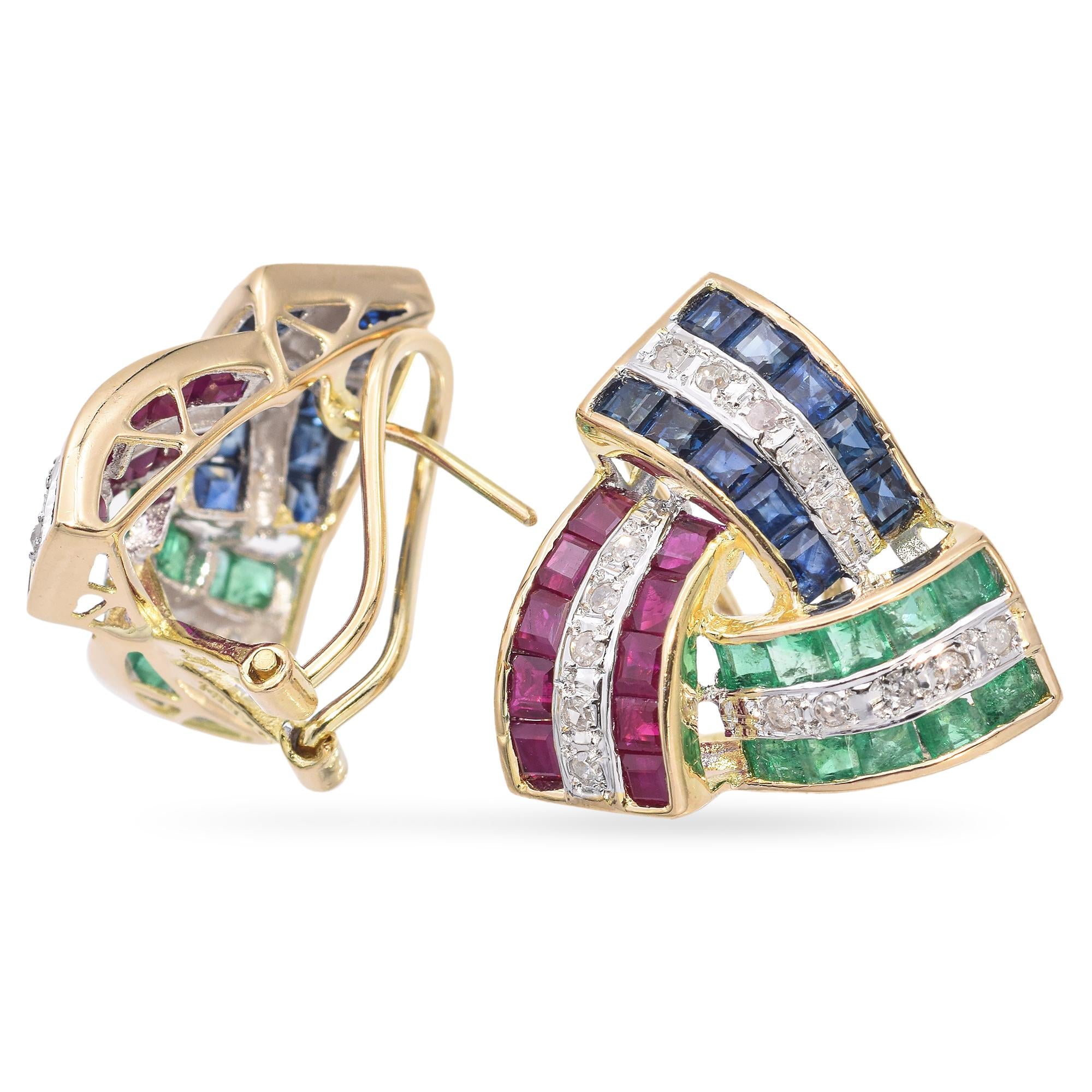 14K Yellow Gold Retro Emerald, Sapphire, Ruby and Diamonds Statement Earrings