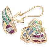 14K Yellow Gold Retro Emerald, Sapphire, Ruby and Diamonds Statement Earrings