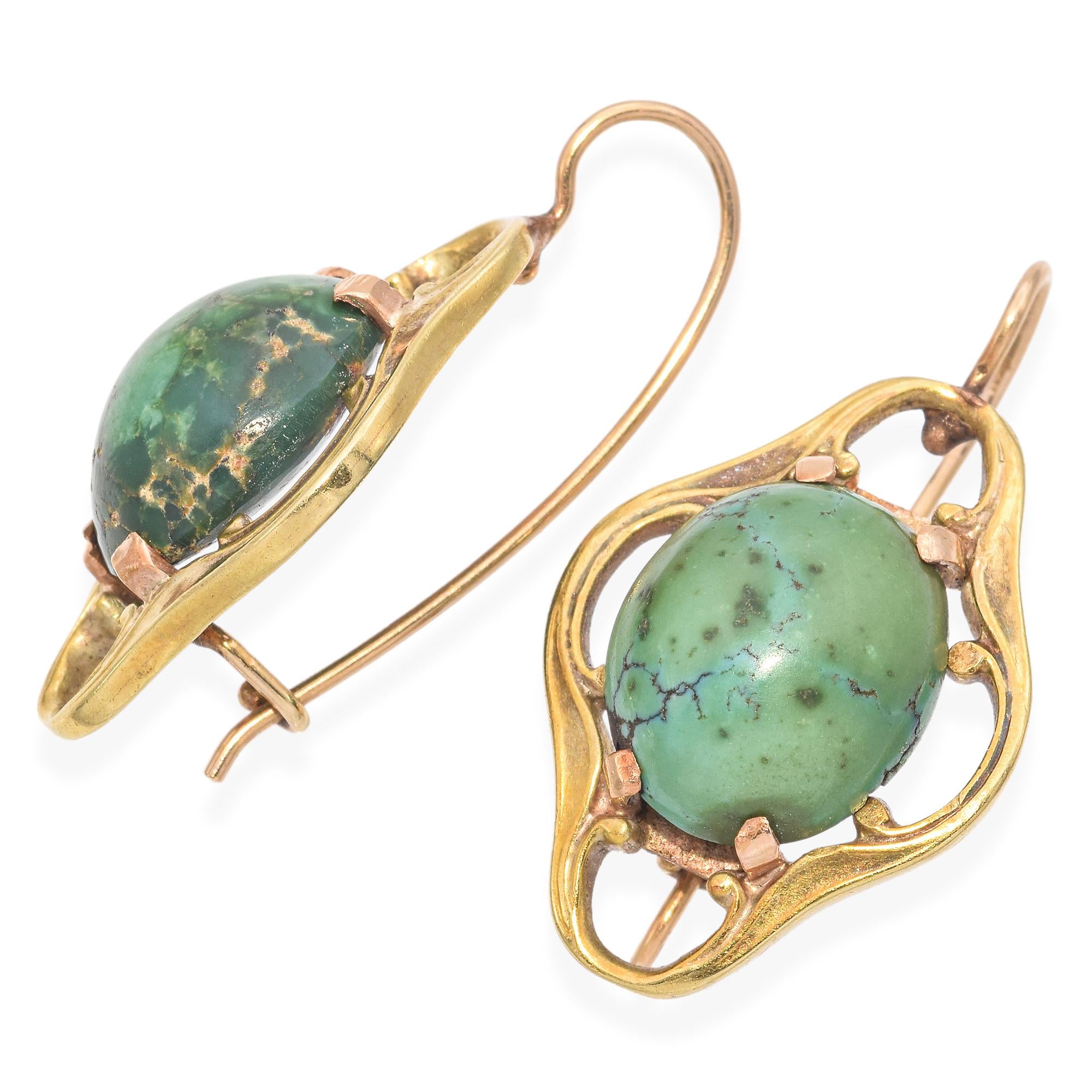 Vintage 12K Yellow Gold Turquoise Oval Cabochon Earrings