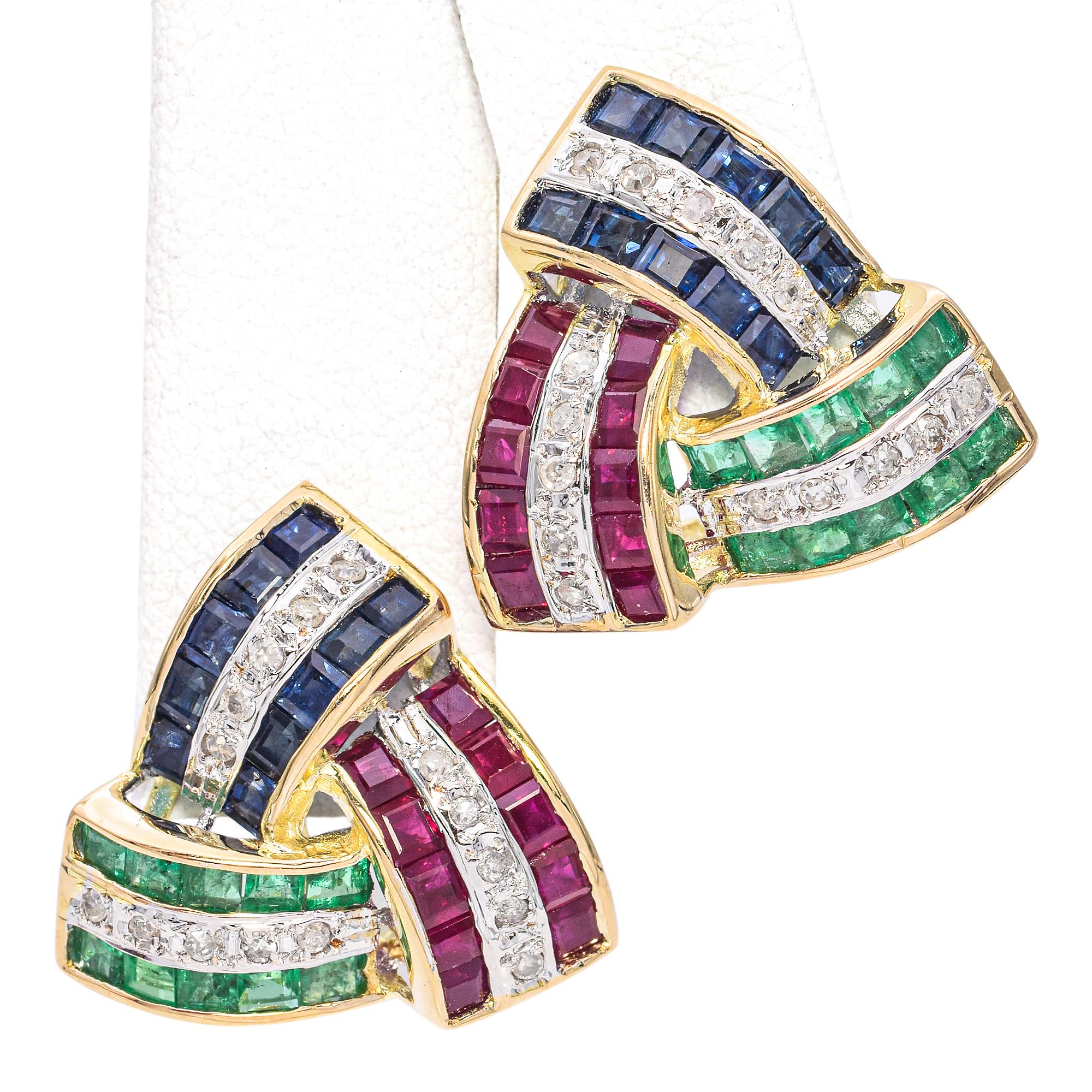 14K Yellow Gold Retro Emerald, Sapphire, Ruby and Diamonds Statement Earrings