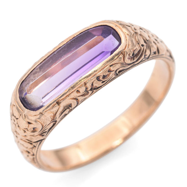 Antique Yellow Gold Amethyst Bar Ring with Handcarved Floral Band