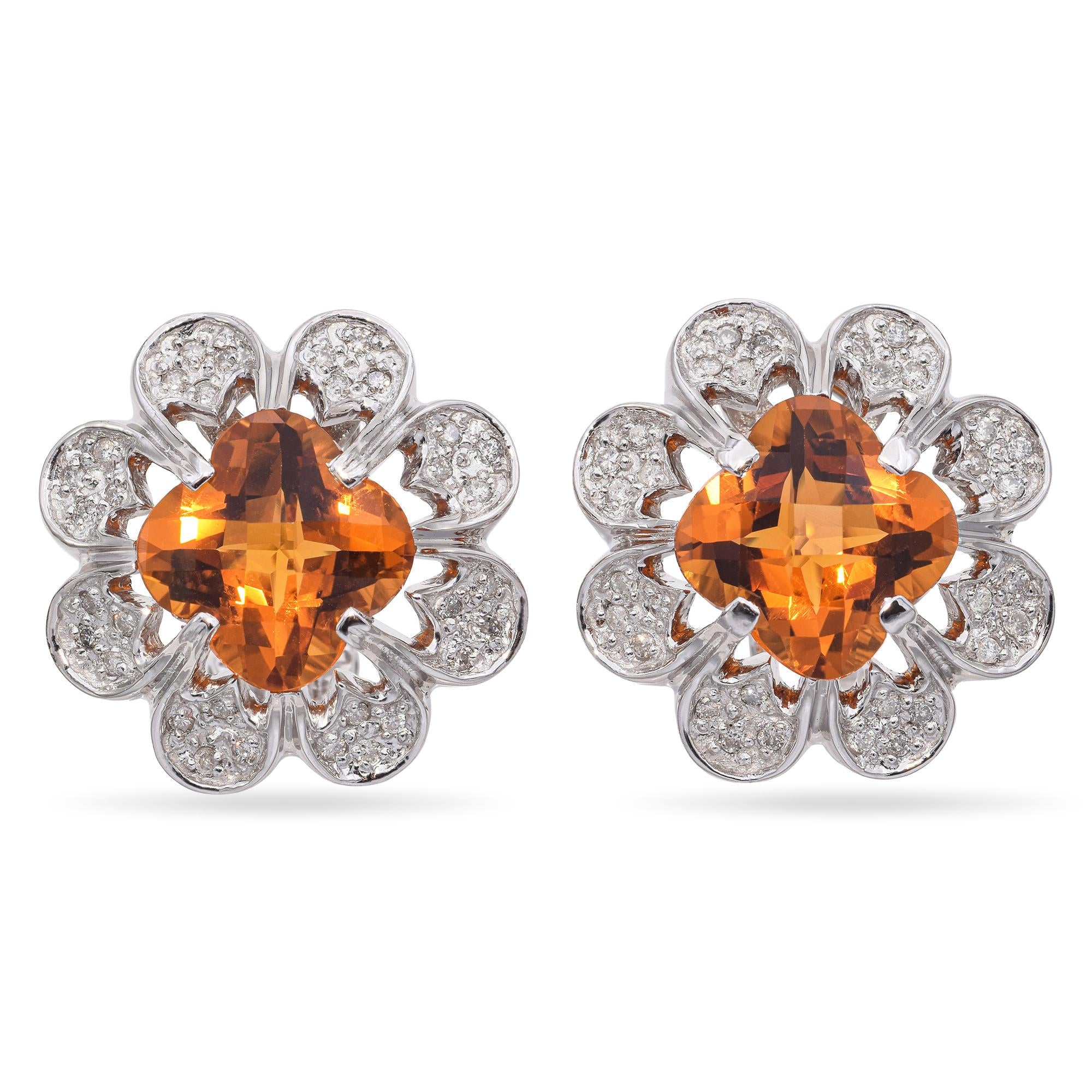 14k White Gold Citrine and Diamond Flower Statement Earrings