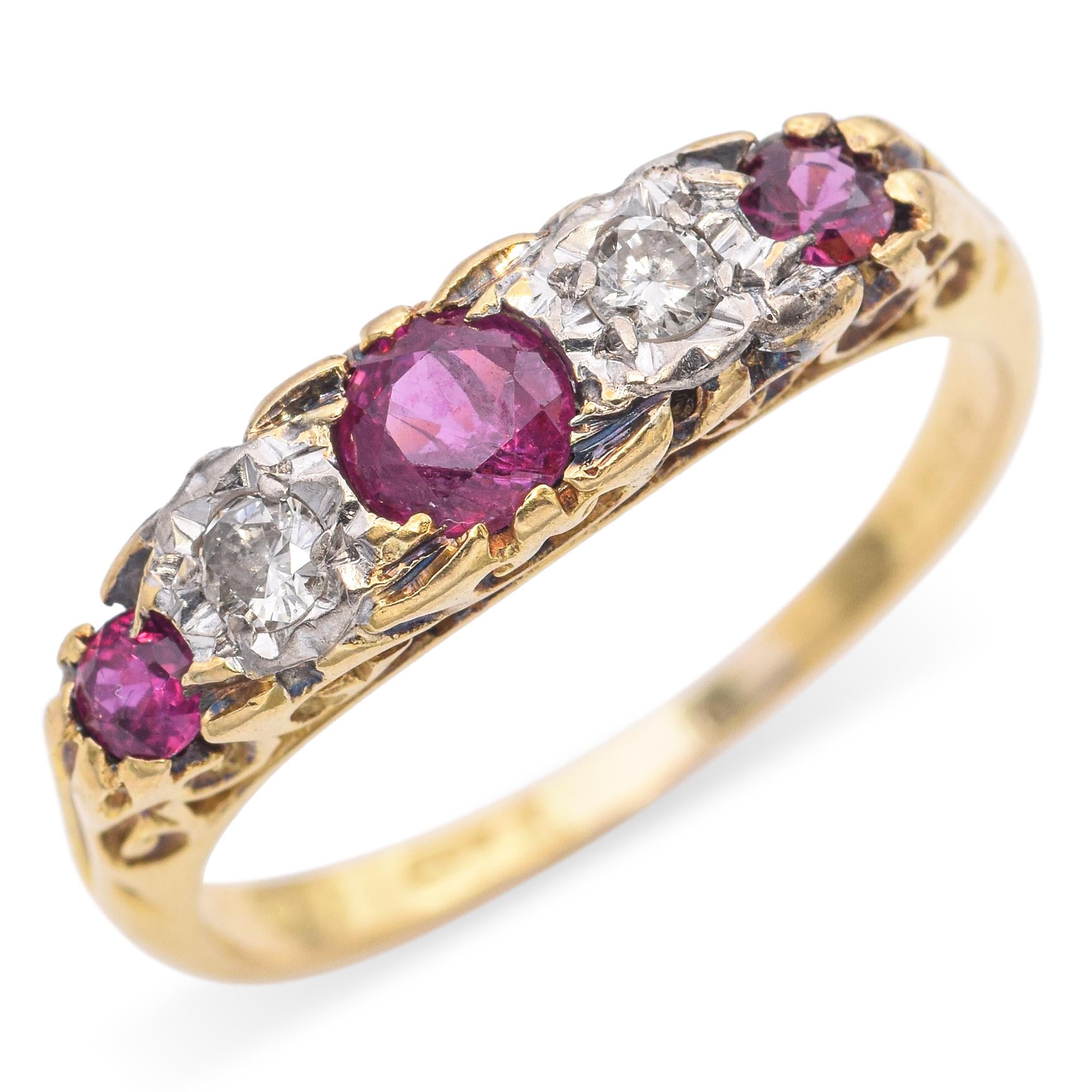 Antique 1920s 18k Yellow Gold Ruby and Diamond Band Ring