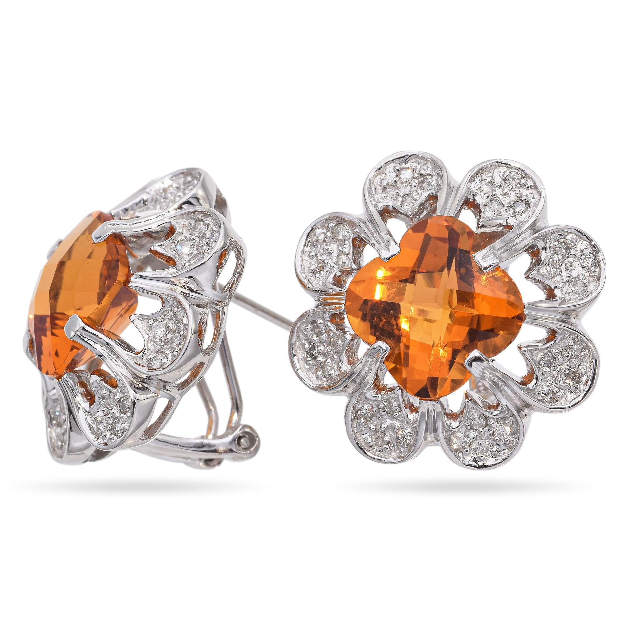 14k White Gold Citrine and Diamond Flower Statement Earrings