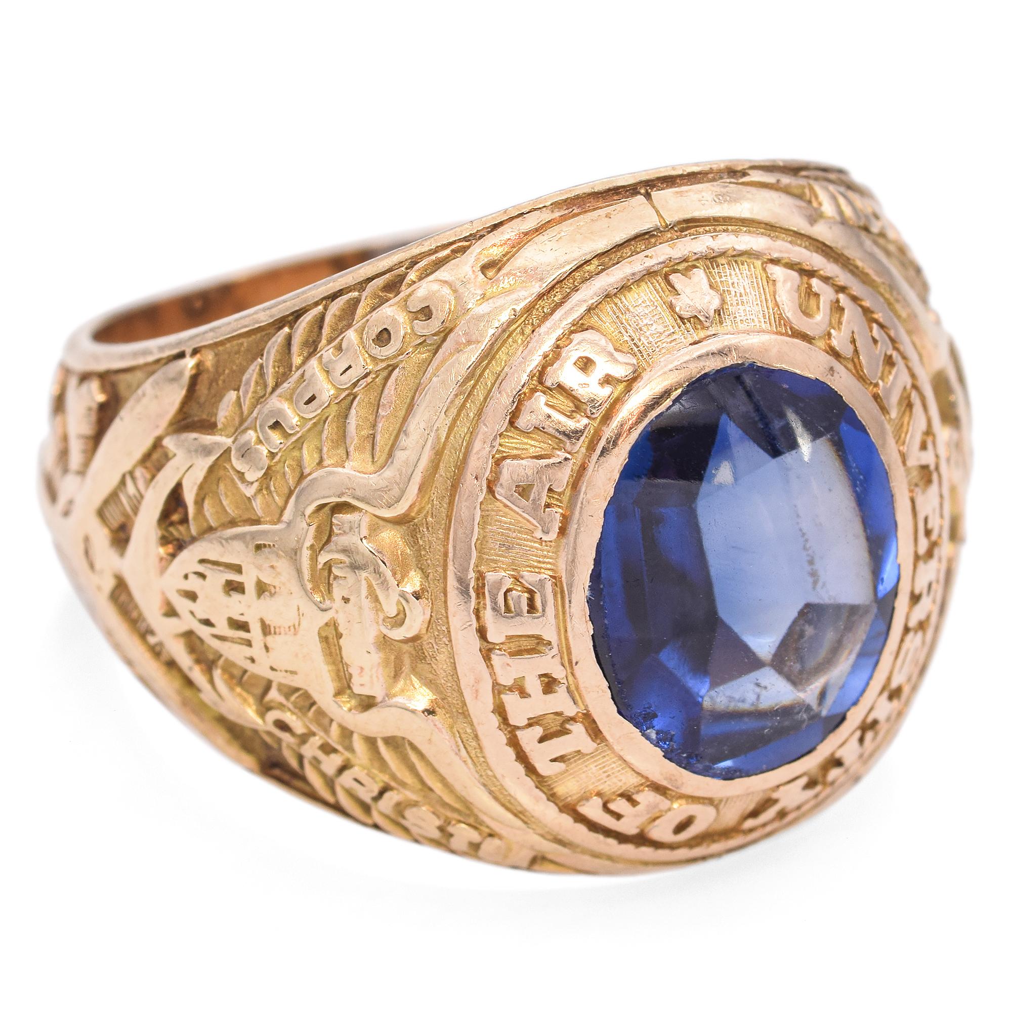 Vintage University of the Air Yellow Gold Class Ring with Lab Sapphire