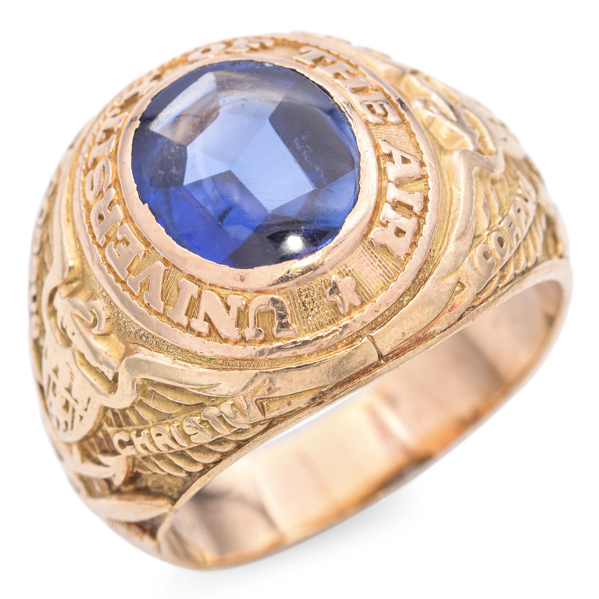 Vintage University of the Air Yellow Gold Class Ring with Lab Sapphire