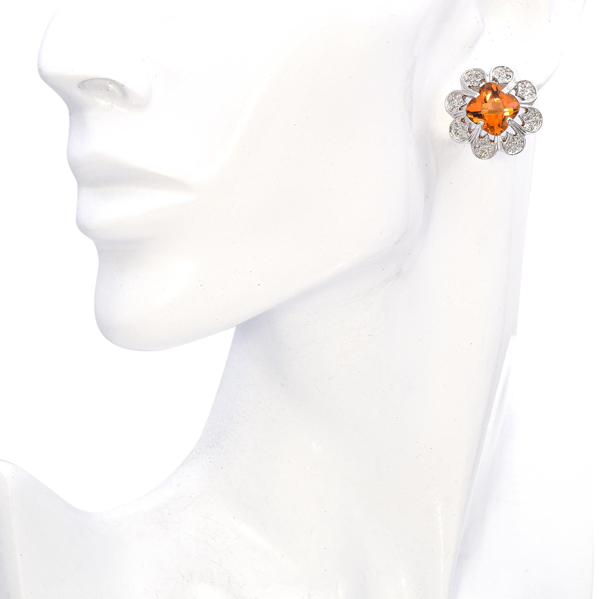 14k White Gold Citrine and Diamond Flower Statement Earrings