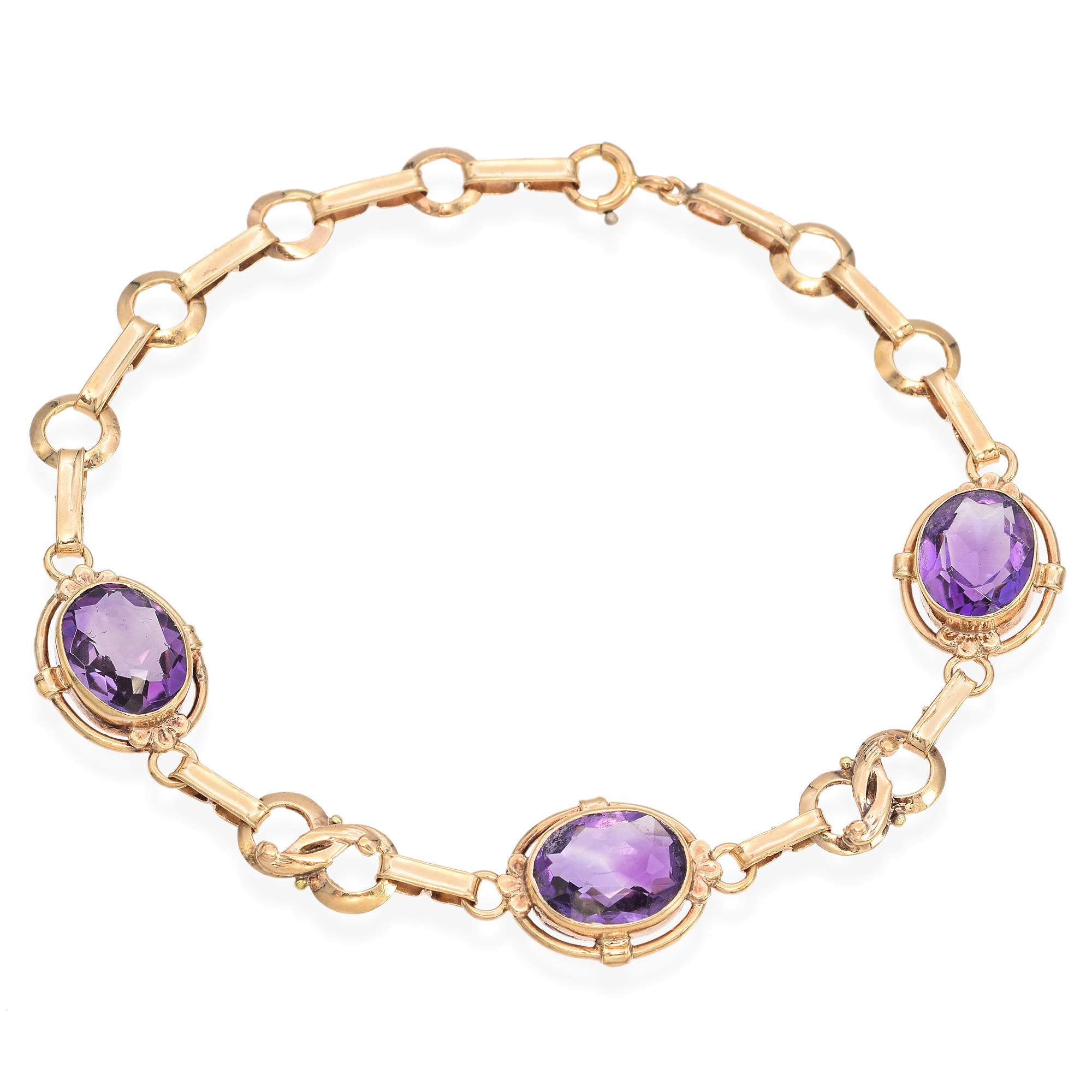 Vintage 14K Yellow Gold 6.0 TCW Amethyst Three Stone Link Bracelet