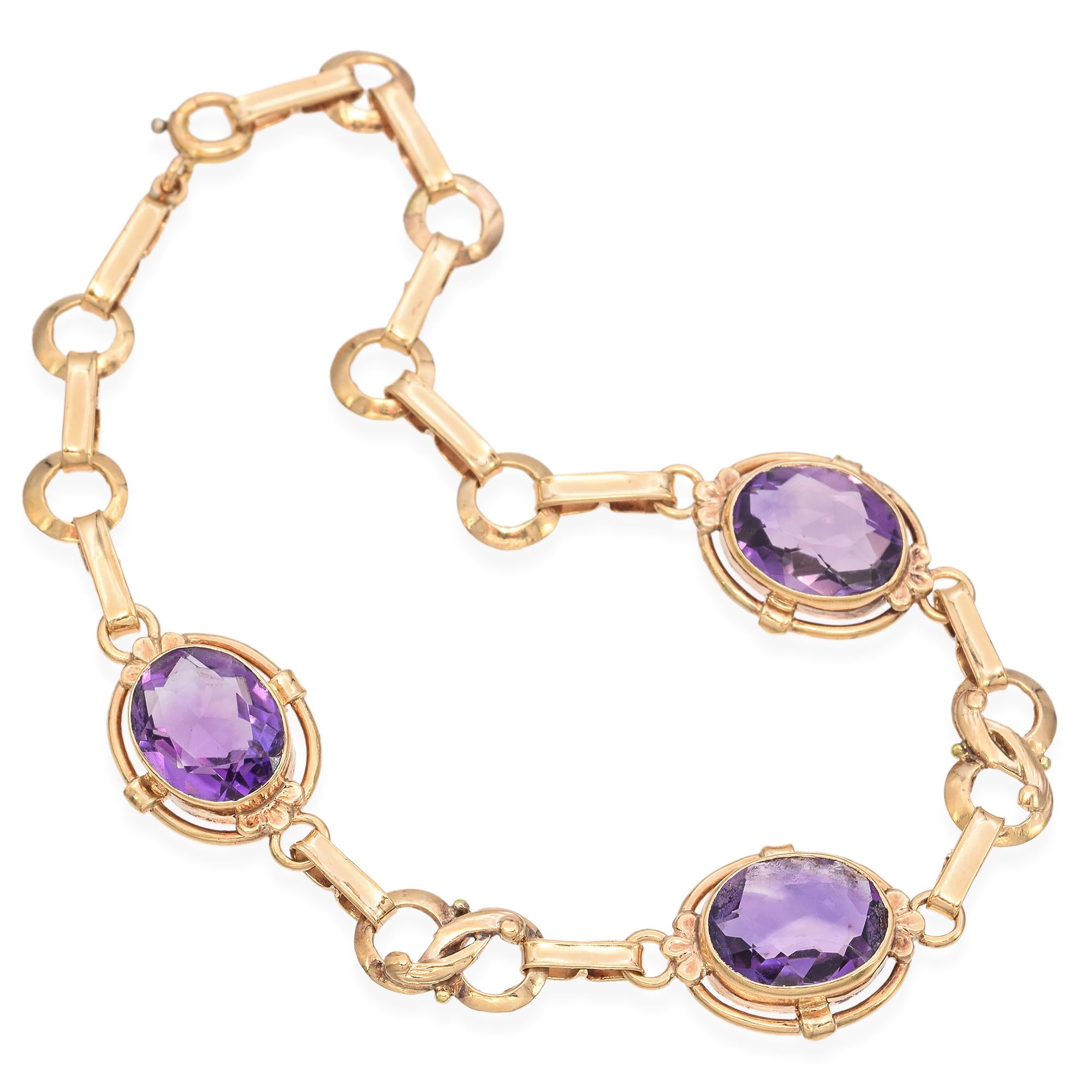 Vintage 14K Yellow Gold 6.0 TCW Amethyst Three Stone Link Bracelet