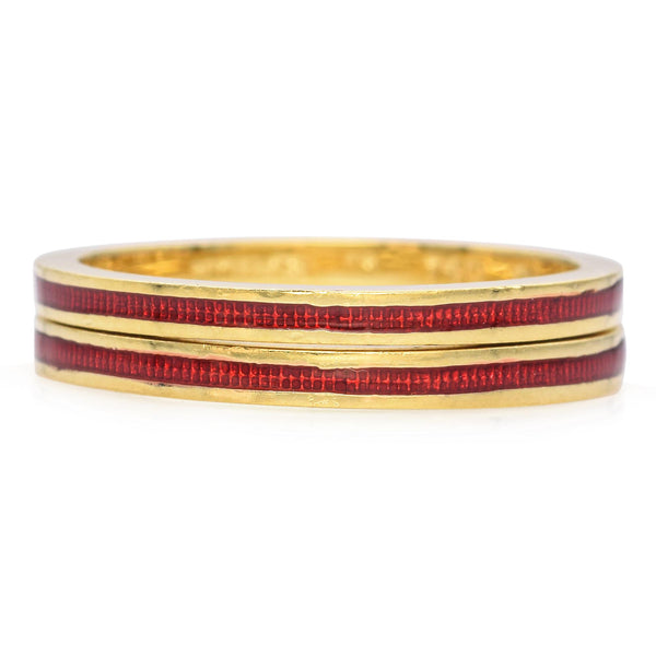 Hidalgo 18K Yellow Gold Red Enamel Stackable Band Rings - Lot of 2