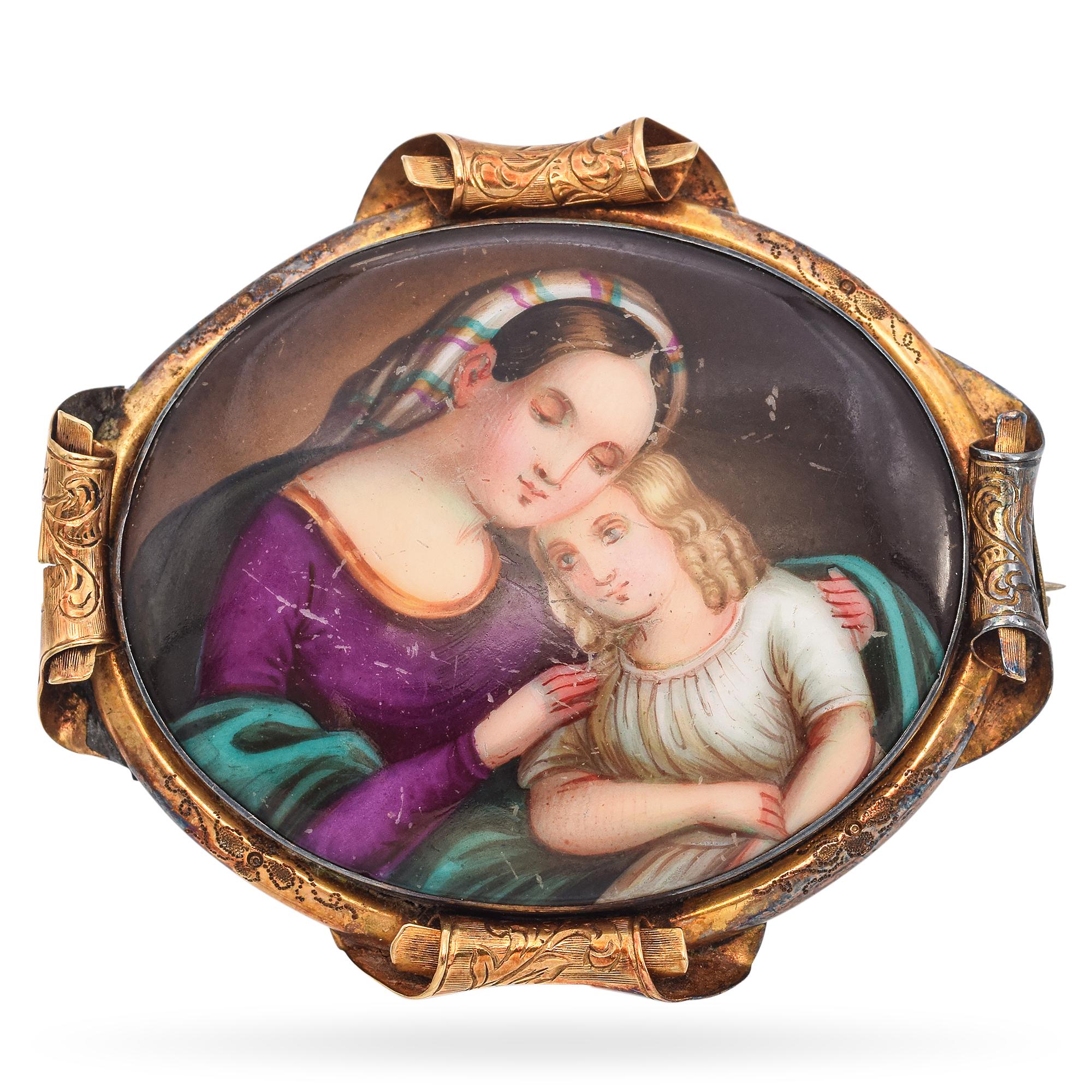 Antique 14K Yellow Gold Porcelain Hand-Painted Madonna & Child Portrait Brooch