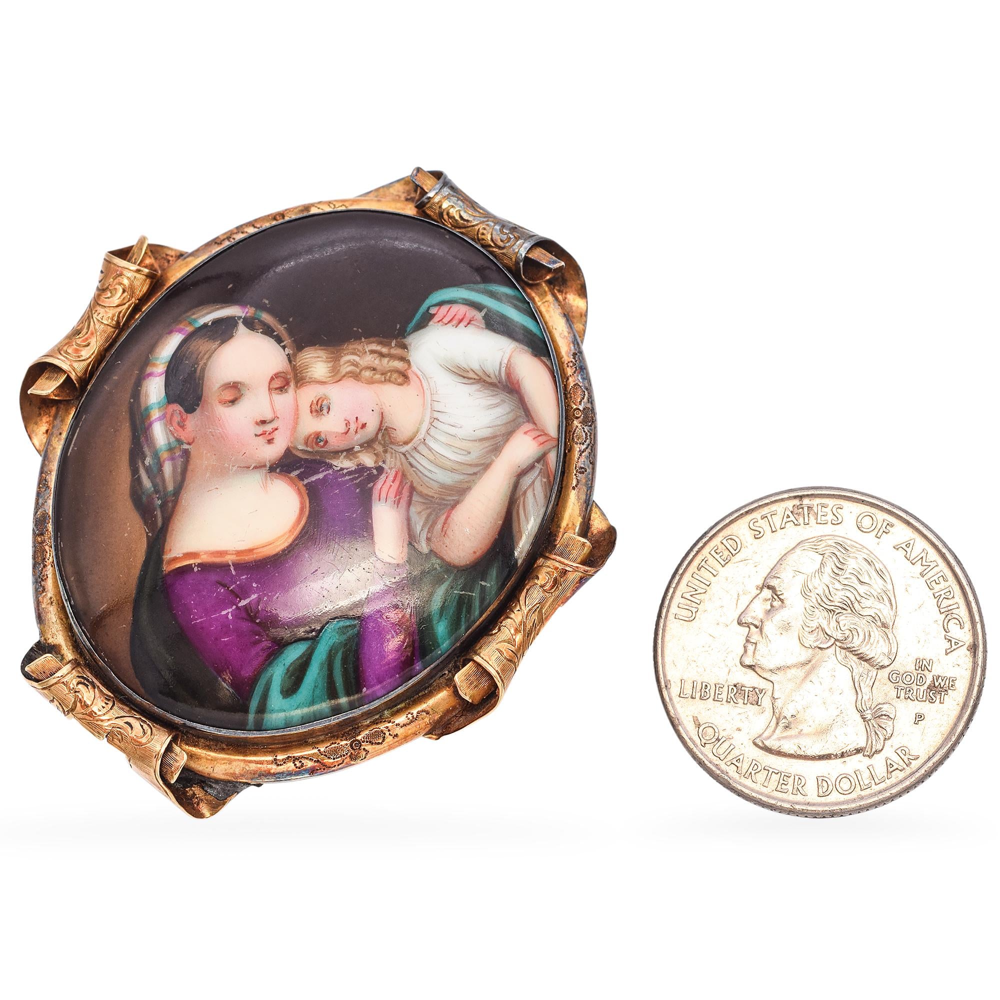 Antique 14K Yellow Gold Porcelain Hand-Painted Madonna & Child Portrait Brooch