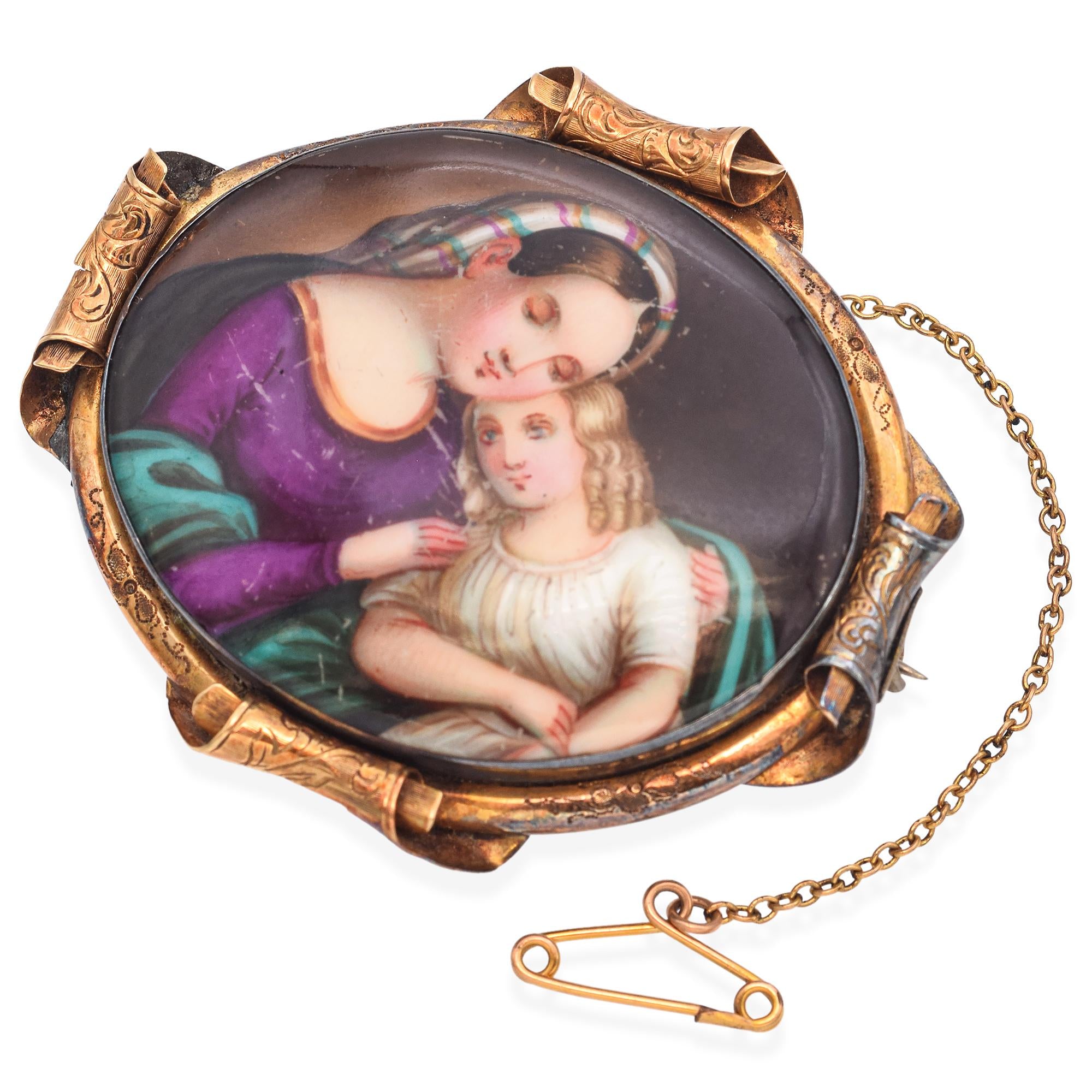 Antique 14K Yellow Gold Porcelain Hand-Painted Madonna & Child Portrait Brooch