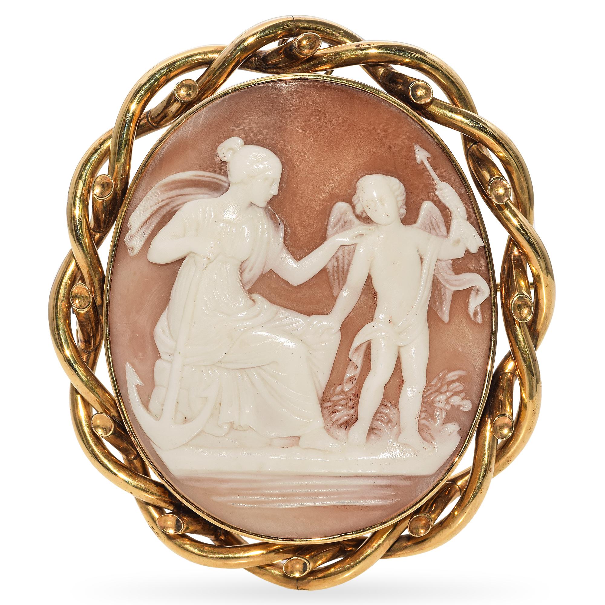 Antique 10K Yellow Gold Loyalty Shell Cameo Brooch