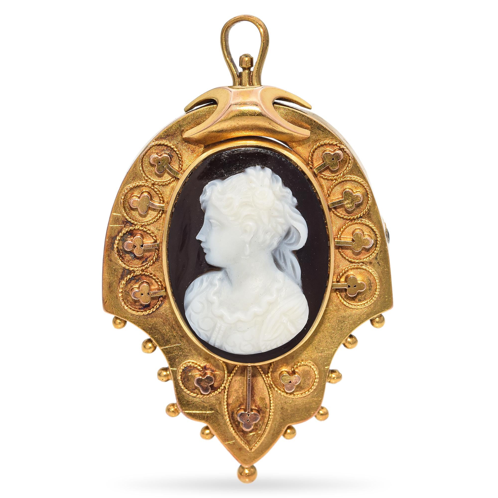 Antique Victorian Yellow Gold Lady Carved Hardstone Cameo Brooch Pendant