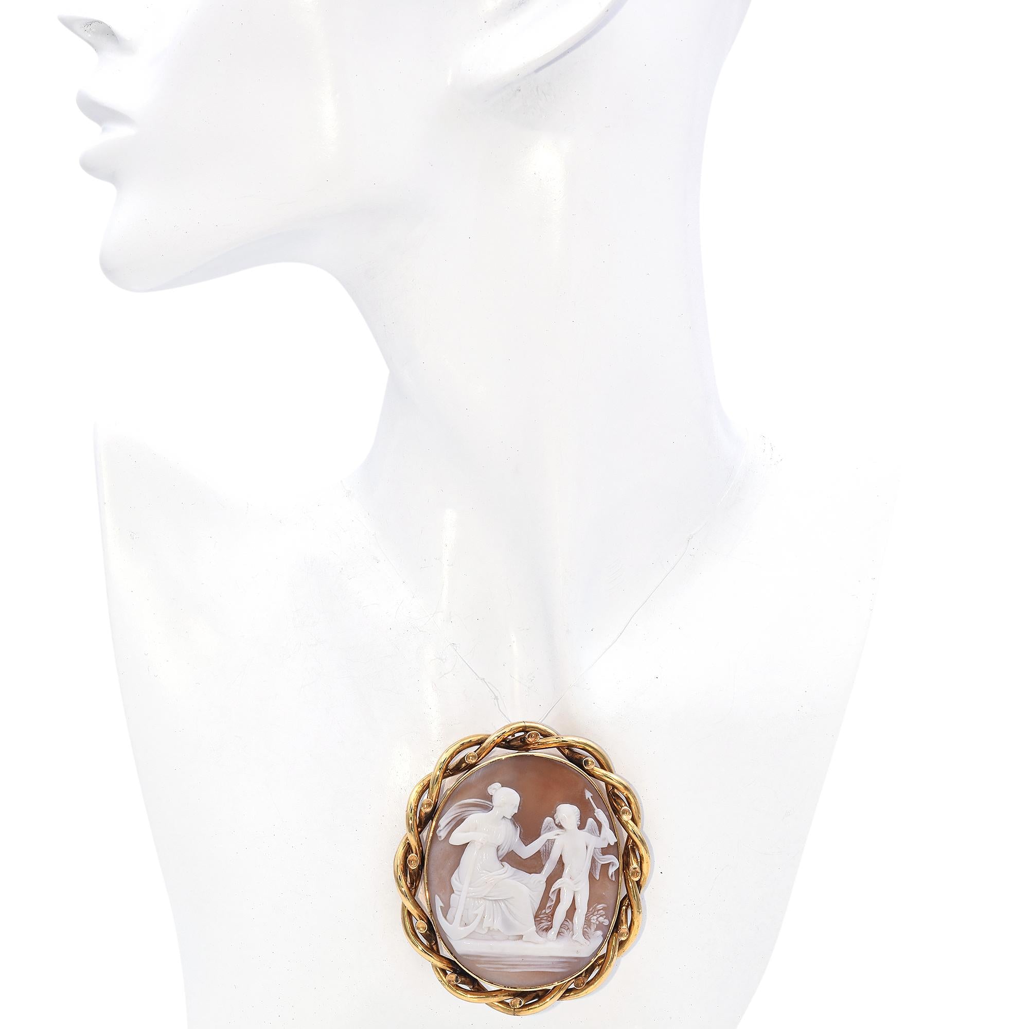 Antique 10K Yellow Gold Loyalty Shell Cameo Brooch