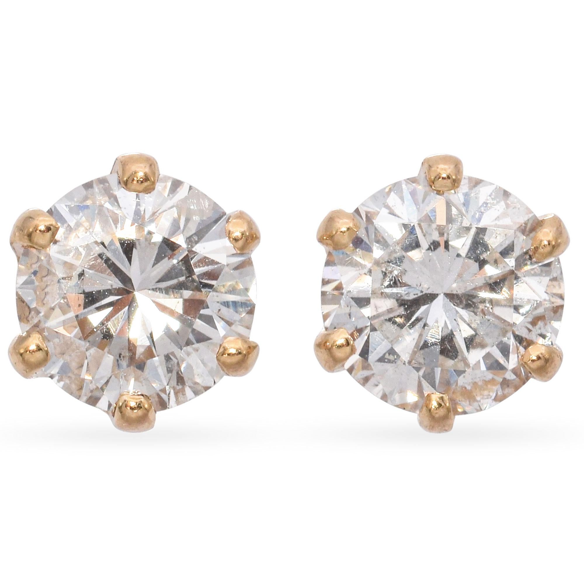 14K Yellow Gold 1.38 TCW Round Diamond Stud Earrings