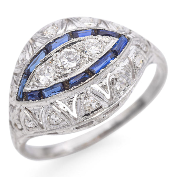 Vintage Art Deco 18K White Gold Old European Cut Diamond and Sapphire Ring