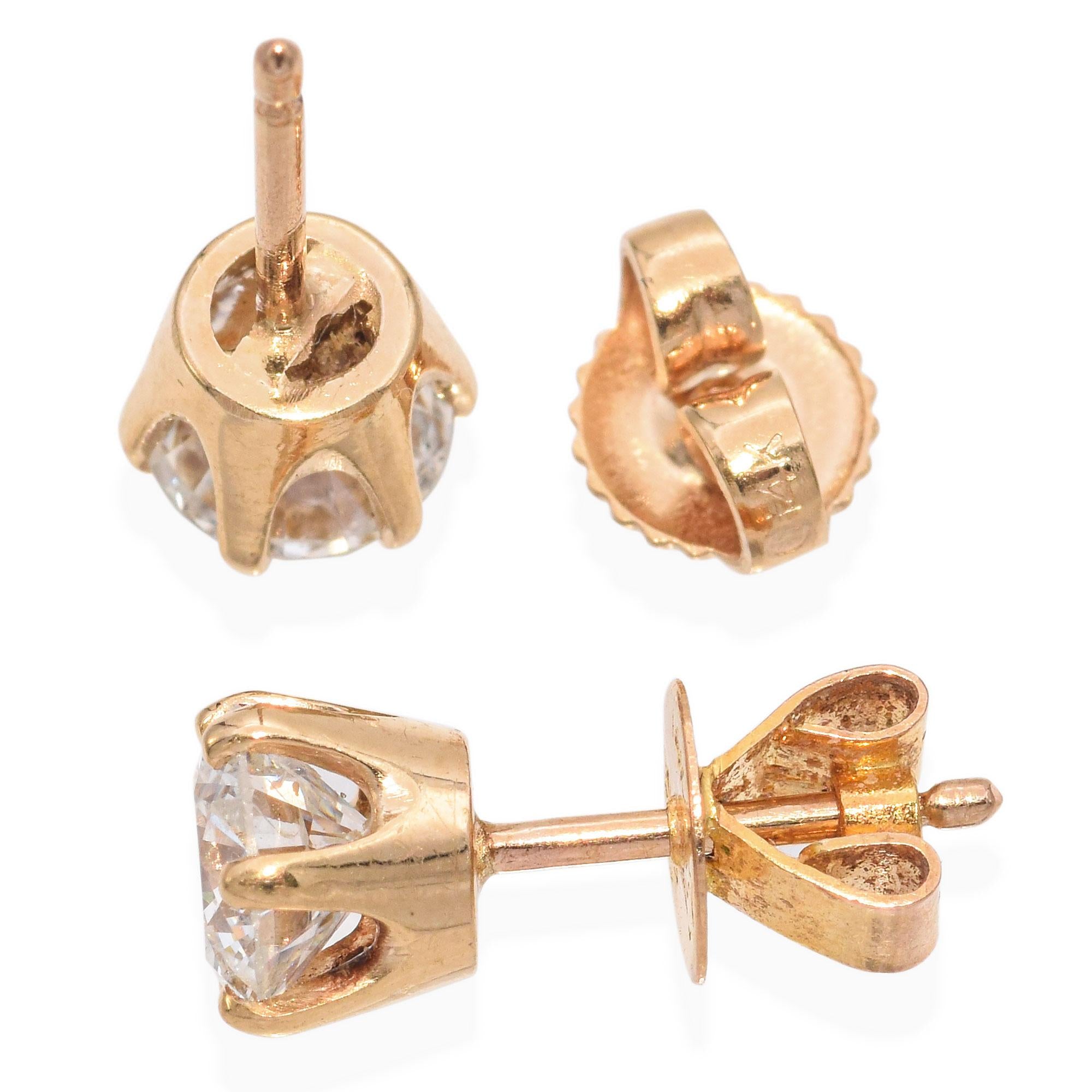 14K Yellow Gold 1.38 TCW Round Diamond Stud Earrings