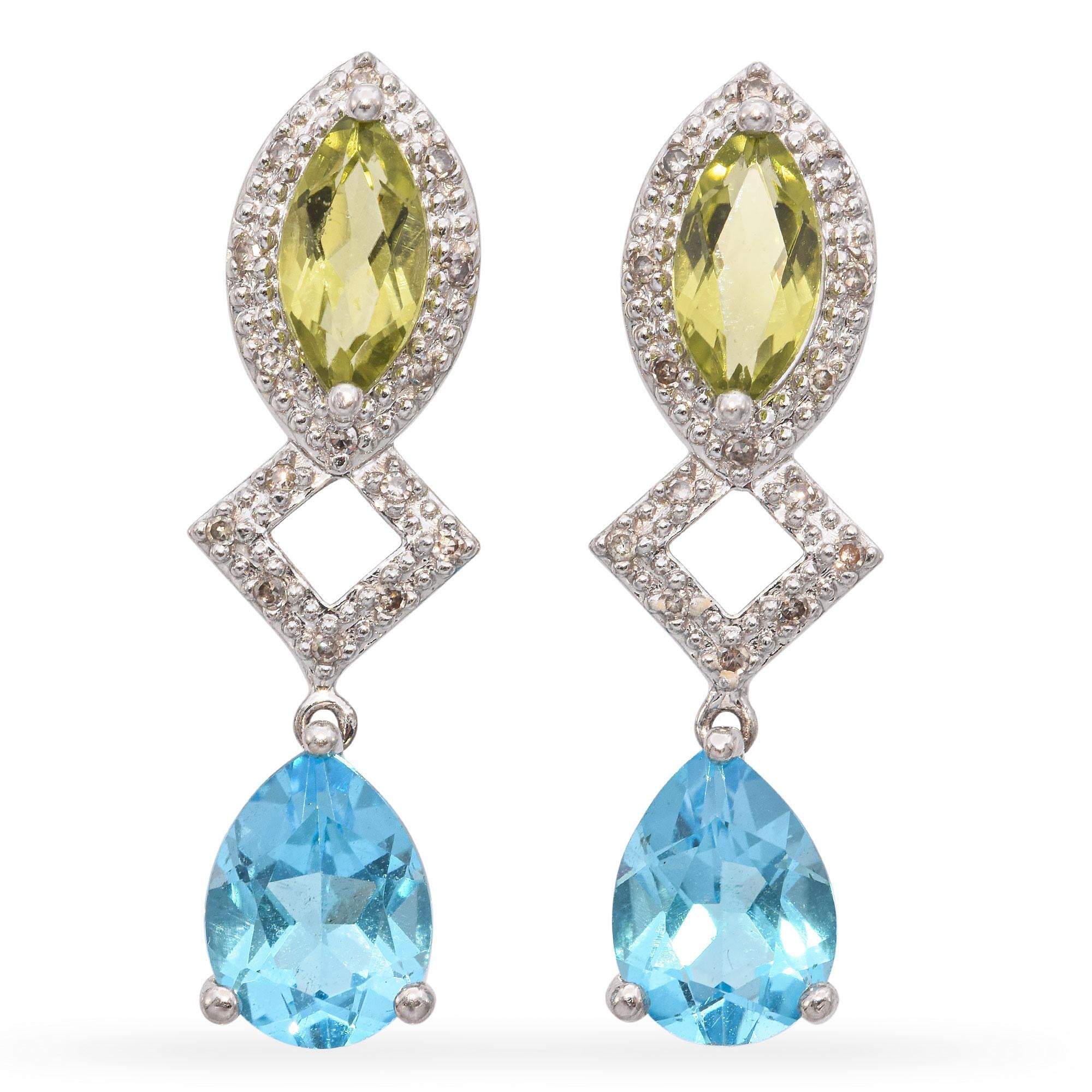 14K White Gold 2.39 TCW Topaz, Peridot and Accent Diamond Dangle Earrings