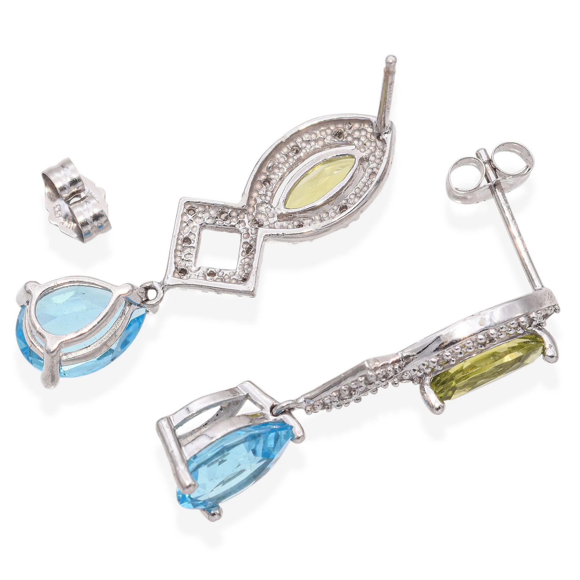 14K White Gold 2.39 TCW Topaz, Peridot and Accent Diamond Dangle Earrings