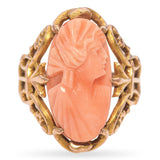 Antique 10K Yellow Gold Carved Coral Cameo Cocktail Ring