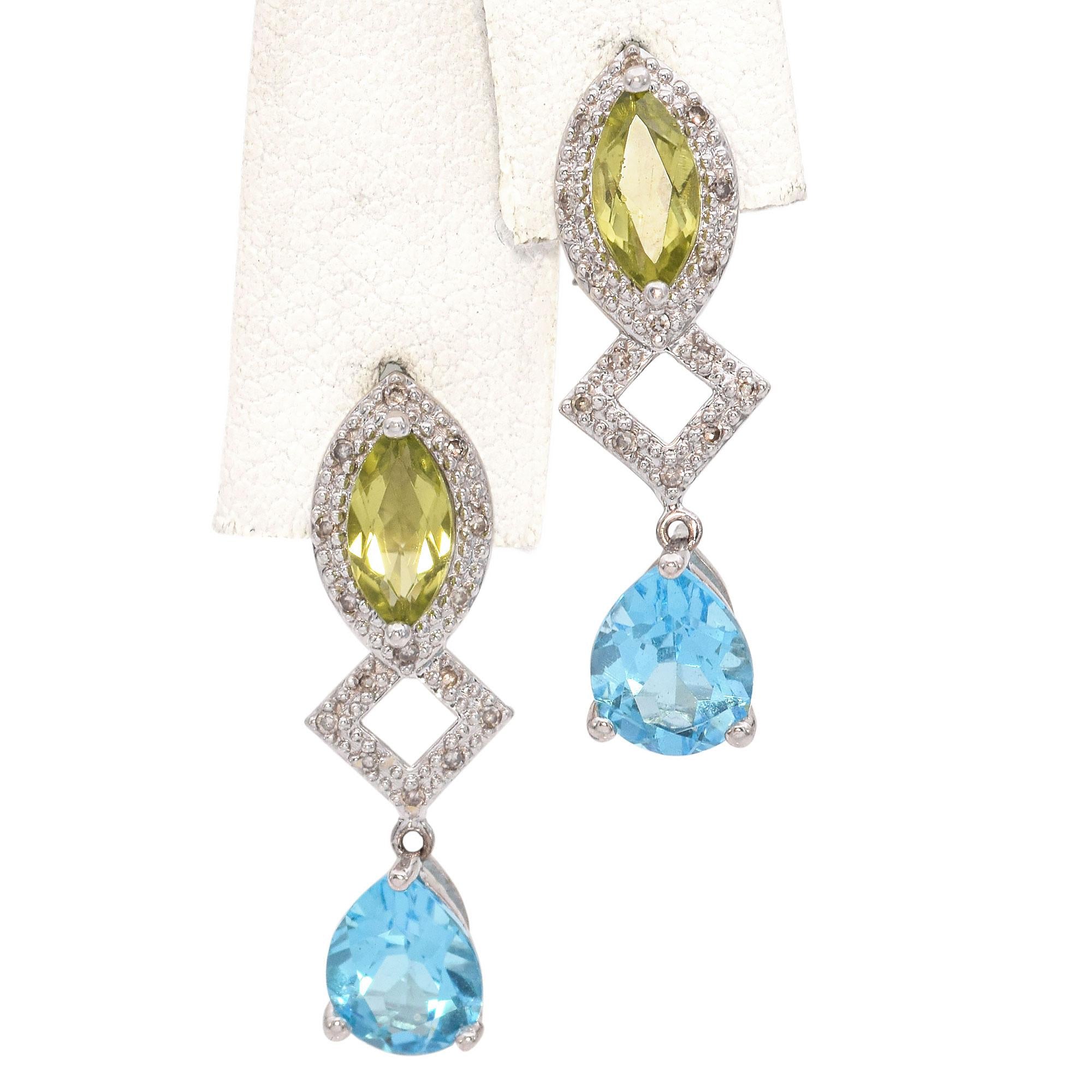 14K White Gold 2.39 TCW Topaz, Peridot and Accent Diamond Dangle Earrings